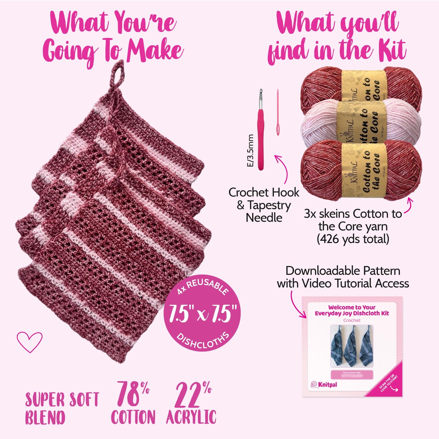 KnitPal Everyday Joy Crochet Kit for Confident Beginners – Make 4 Reusable 7.5 x 7.5 in Dishcloths – with Cotton to The Core Yarn (#3 DK), Hook, Patterns & Video Tutorials (Cherry Red + Blush Pink)