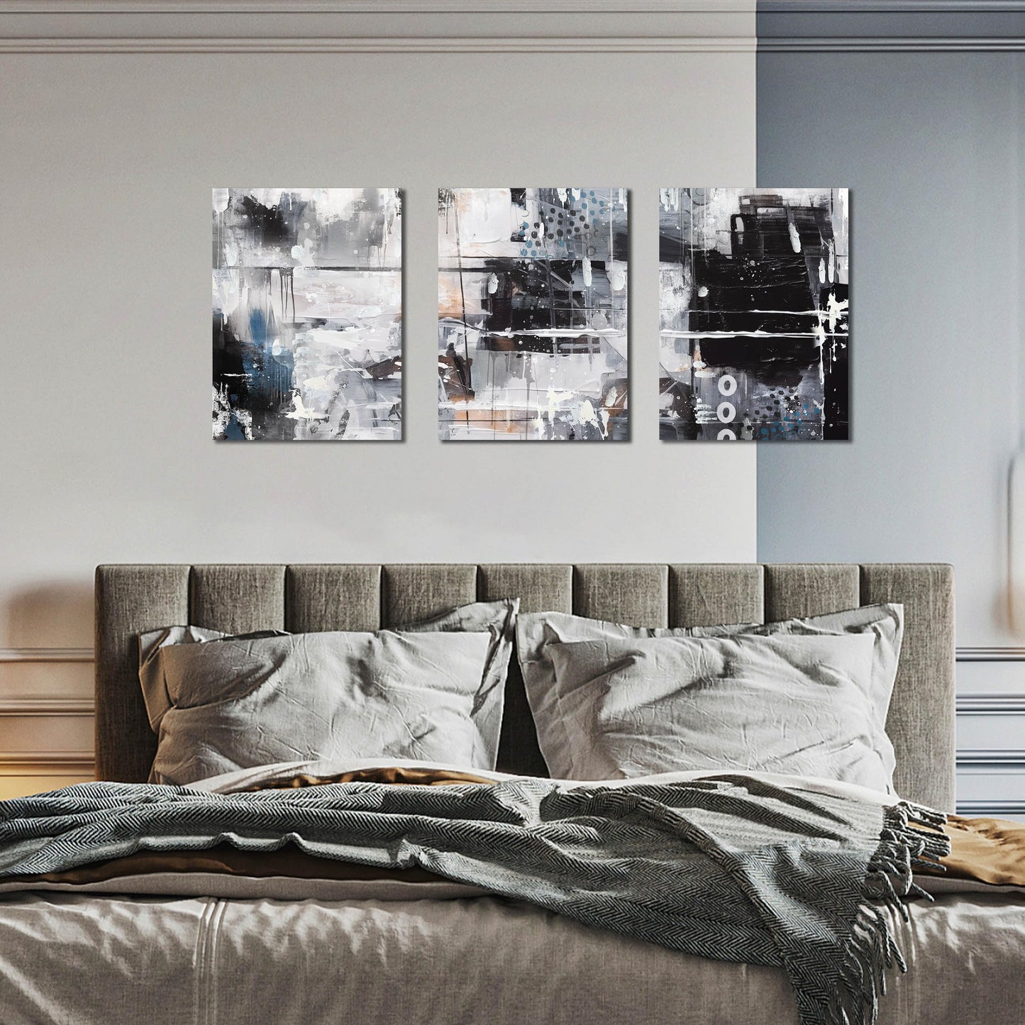 HUBOSKN Abstract Wall Art for Living Room - Modern Black and White Wall Art for Bedroom - Home Office Wall Decor Size 12" x 16" x 3 Piece