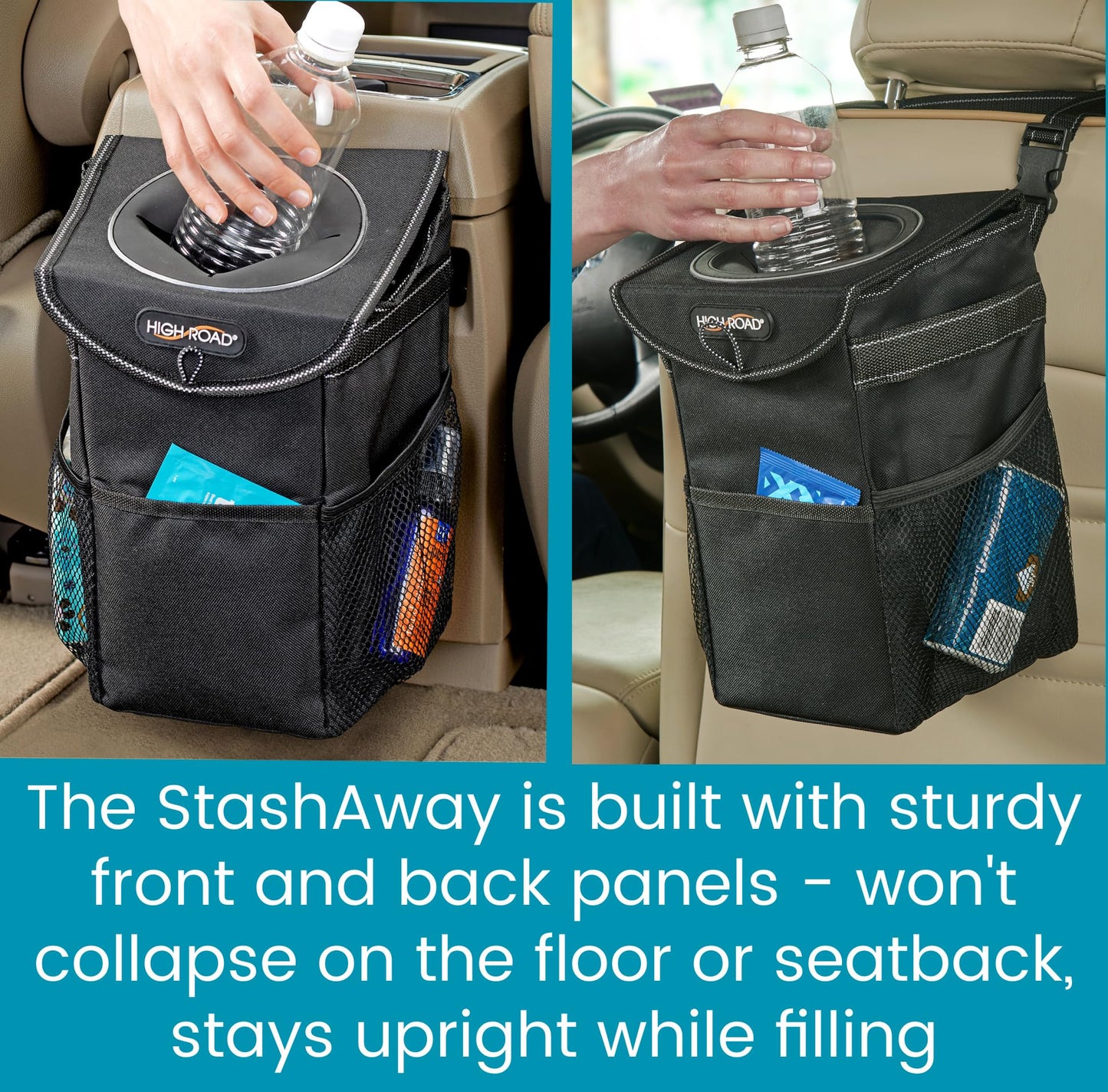High Road StashAway Heavy Duty Car Trash Can with Rubber Lid, 3 Storage Pockets and Sturdy Panels for Stable Floor or Hanging Seatback Use (Black)