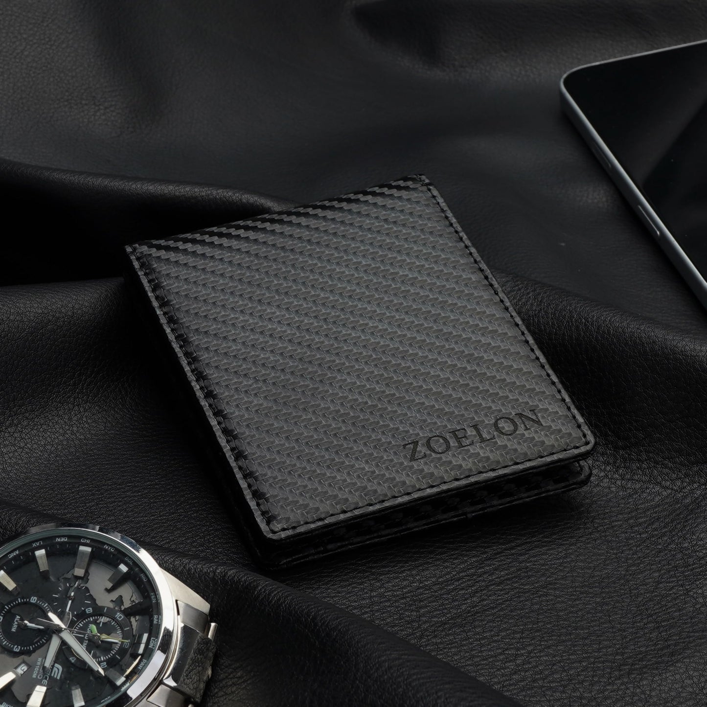 ZOELON Slim RFID Wallet for Men – Front Pocket Bifold with Money Clip & ID Window, Carbon Fiber Look, Gift Box