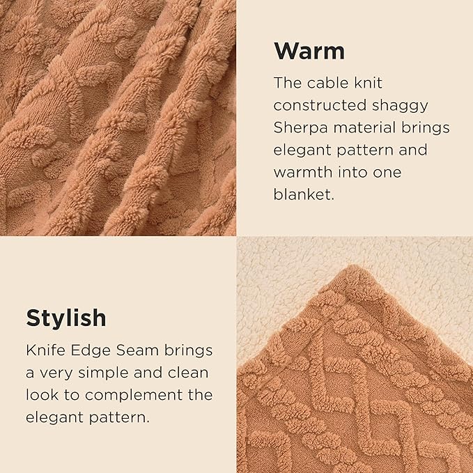 Bedsure Sherpa King Size Blanket for Bed- GentleSoft Fleece Fluffy & Cozy Cable Jacquard Tufted for Women Gift, Thick and Warm Blankets for Winter, Light Brown, 108x90 Inches