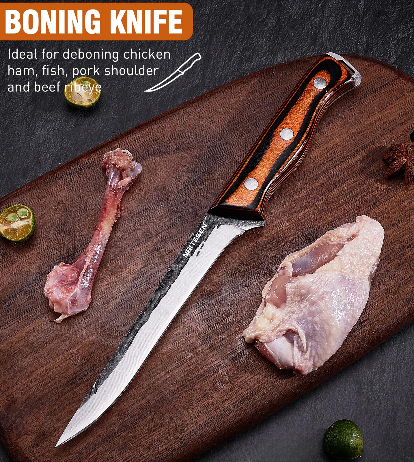 Naitesen 4PCS Hand Forged Butcher Knife and Kitchen Knife 2 in 1 Set, Heavy Duty Meat Cleaver Serbian Chef Knife Breaking Knife Boning Knife for Meat Cutting BBQ Gifts for Men Women