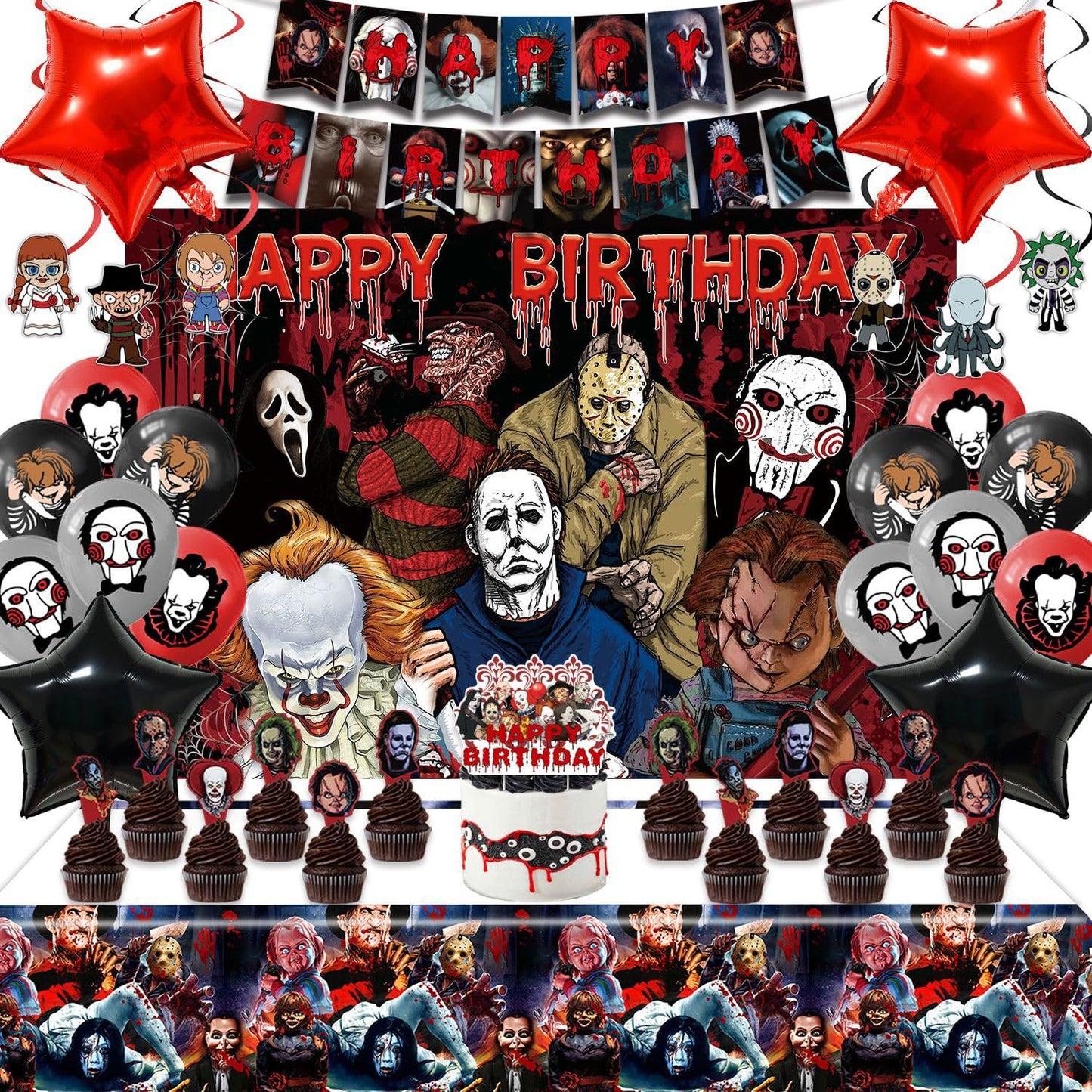 Mtgluk Horror Birthday Party Decorations Kit – 38 Pcs Halloween Themed Supplies with Banner, Backdrop, Tablecloth, Balloons & Cake Toppers for Spooky Celebrations
