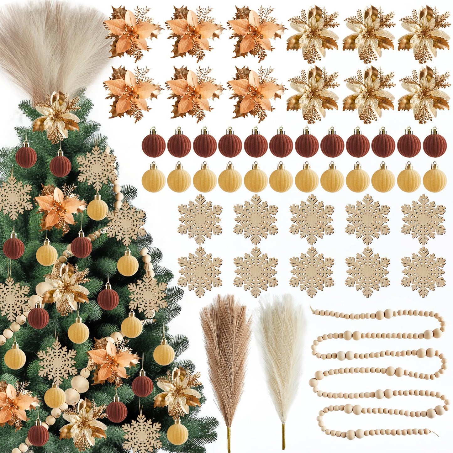 63Pcs Boho Christmas Tree Decoration Set Neutral Boho Christmas Tree Ornaments Wooden Bead Bow Xmas Balls Artificial Flowers and Grass DIY Decor Craft for Holiday Wedding Party Supplies Gifts