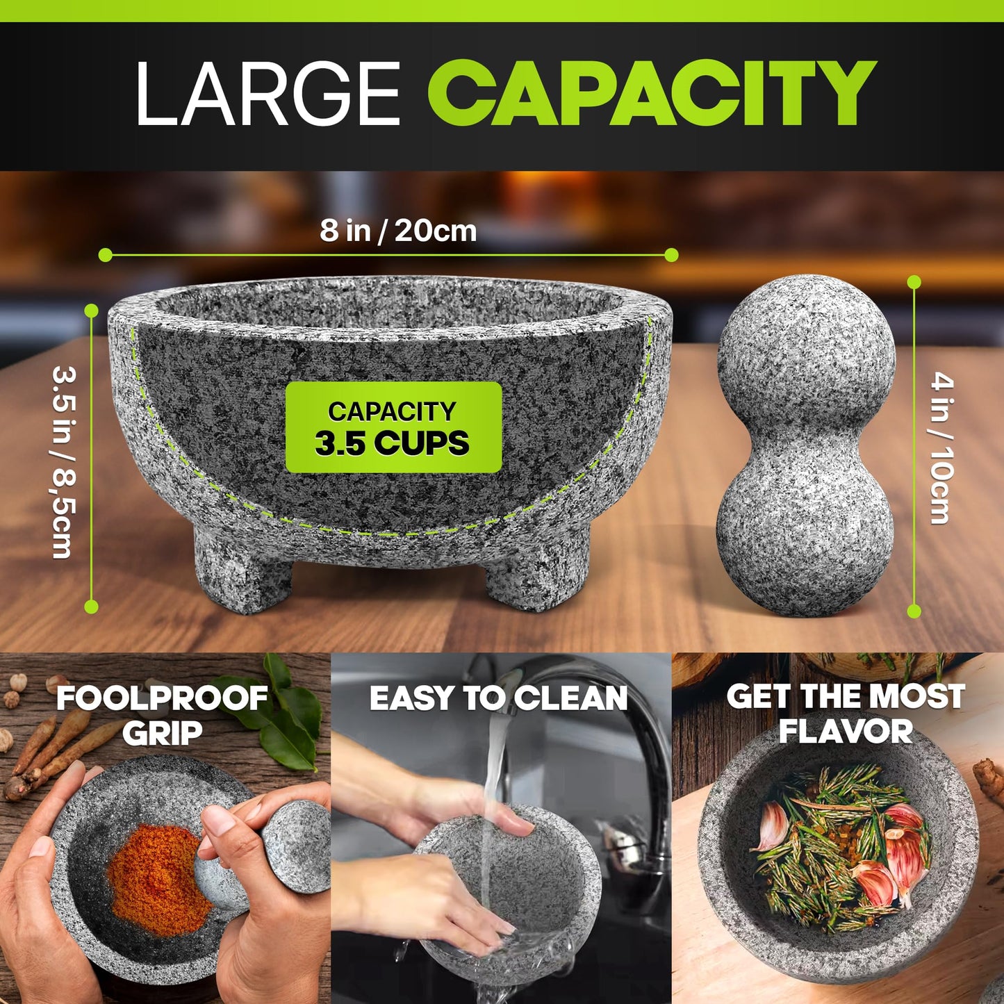 Umien Granite Mortar and Pestle Set - 8-Inch Natural Stone Molcajete with Avocado Tool - 3.5 Cup Capacity for Spices, Herbs, Pestos & Guacamole - Premium Kitchen Gift (Grey)