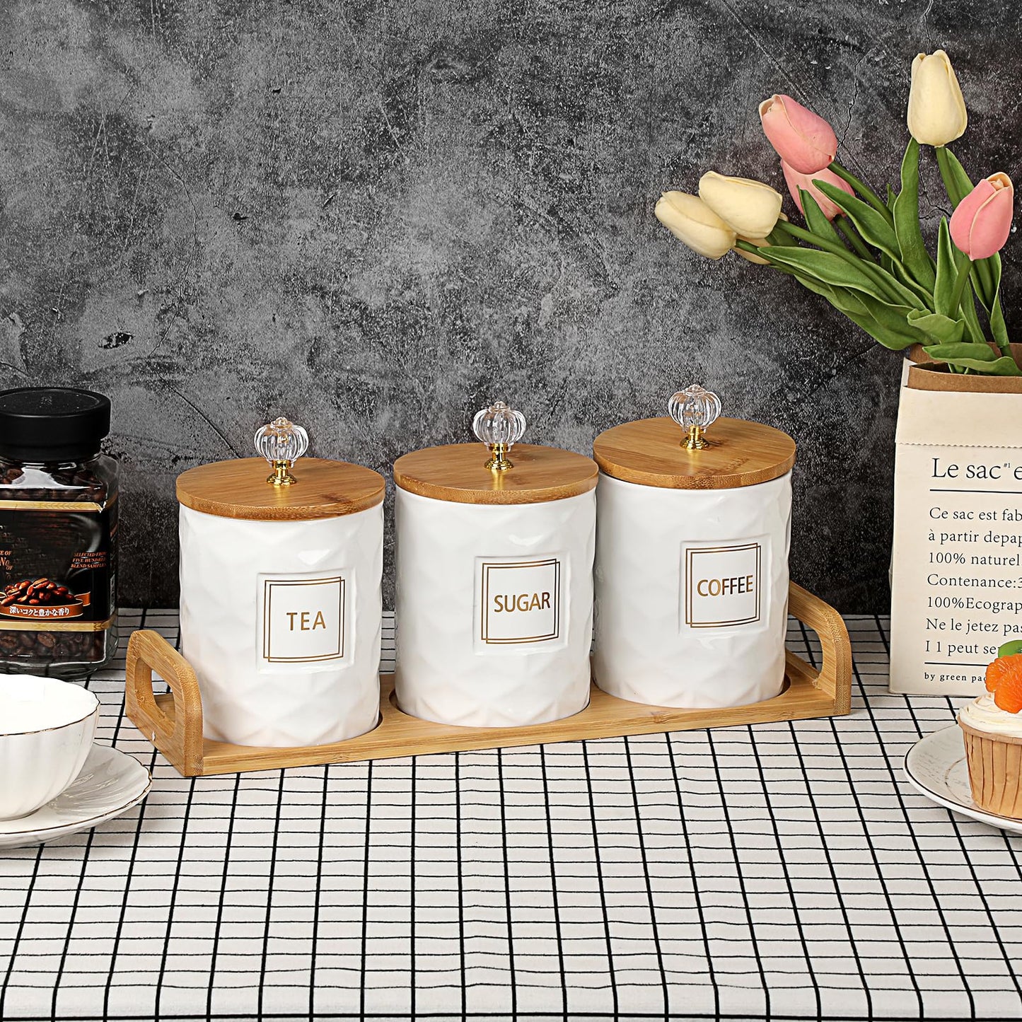 JUXYES Set of 3 Ceramic Canisters Set for Sugar Coffee Tea With Handle Tray, Luxurious Storage Containers Sets with Lids Decorative Storage Pots White Ceramic Storage Jar for Kitchen Dining Counter