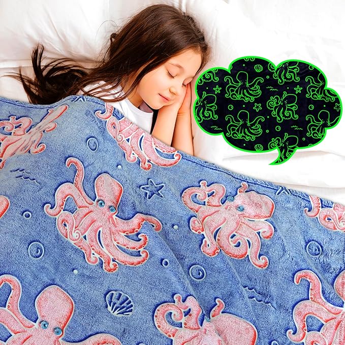 Octopus Blanket Glow in The Dark Ocean Blanket Soft Pink Octopus Gifts Toys Decor Blue Fleece Kids Throw for Boys Girls Teens Birthday