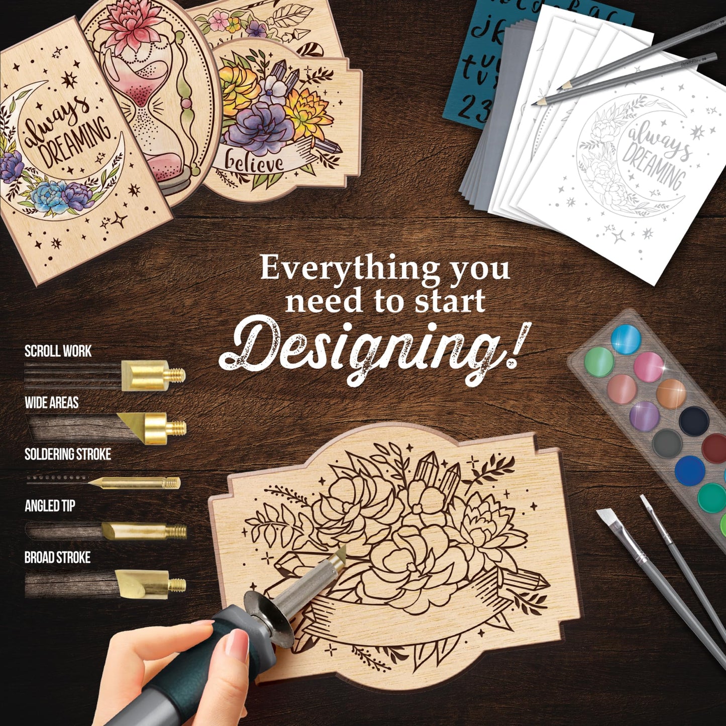 ArtSkills Wood Burning Kit for Beginners, Deluxe Pyrography Wood Engraving Art Set with Burner Pen, Stencils, Watercolor Paints, DIY Tools for Adults and Kids, 48 Pieces