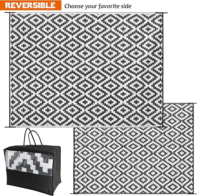 SAND MINE Waterproof Outdoor Rug 8x10 ft, Plastic Reversible Rug, Modern Area Rug, Large Floor Mat for Outdoors, RV, Patio, Backyard, Deck, Picnic, Beach, Camping (8' x 10', Black & White Lattice)