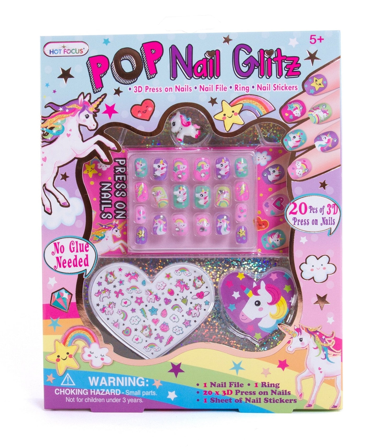 Hot Focus Unicorn Nail Art Kit - 3D Press On Nails, Stickers, File & Ring - 65 Piece Set for Girls 5+