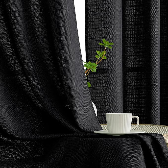 Chyhomenyc Black Faux Linen Textured Small Cafe Curtains, 30x30 Inch, Light Filtering Short Bathroom Curtains, 2PCS
