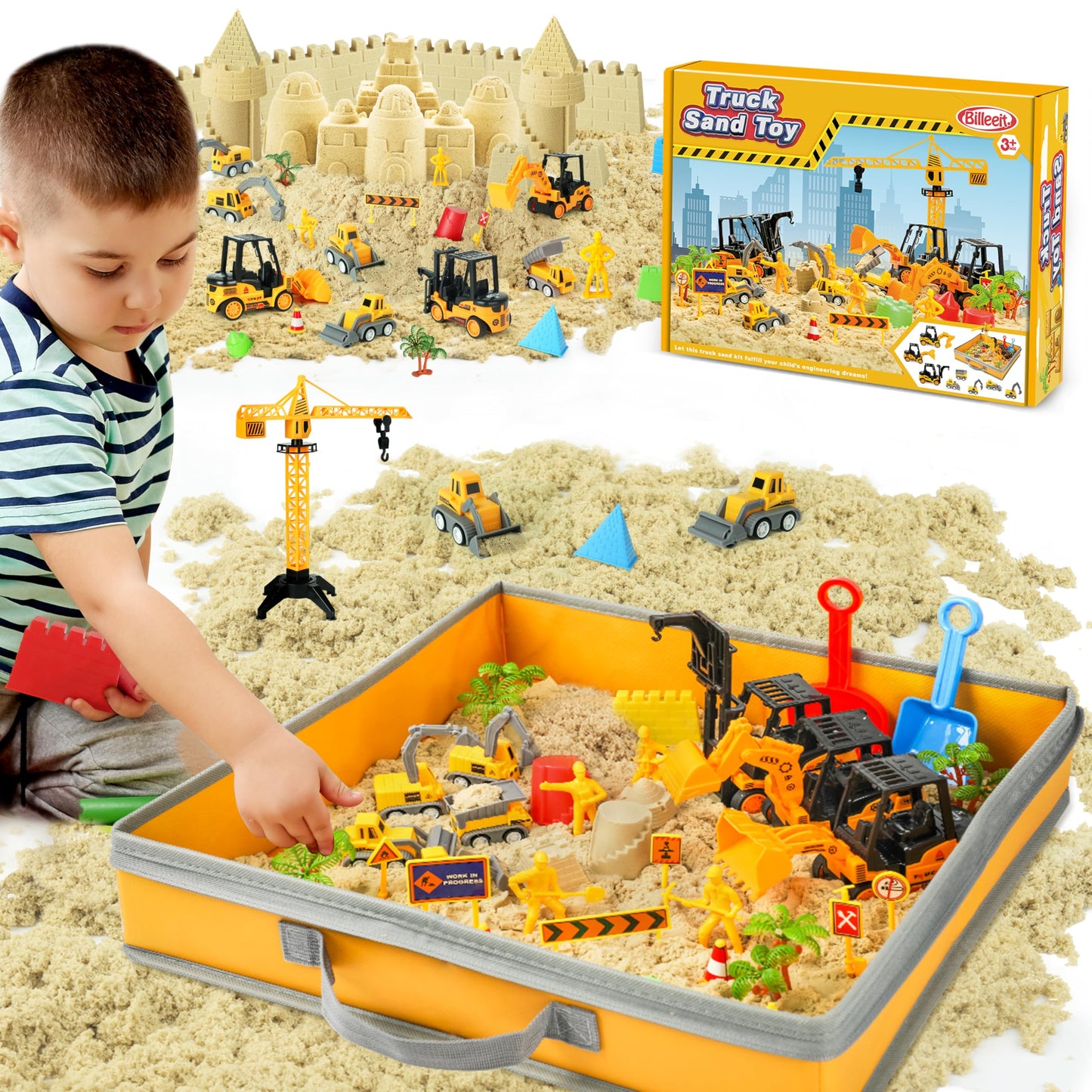 Billeeit Sand Construction Kit with Big Foldable Sandbox and 2.2lbs Moldable Sensory Play Sand, Truck Toys Including Castle Molds and Other Accessories - 36Psc Set Gifts for Kids 3+
