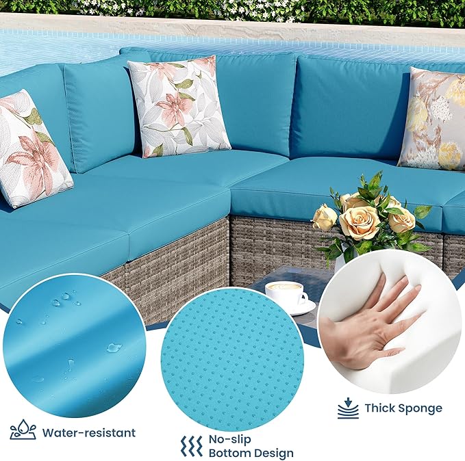 8 Pieces Outdoor Patio Furniture Set with 43" Fire Pit Table, Wicker Outdoor Patio Sectional Sofas with Coffee Table and Cushions, All-Weather Patio Conversation Set for Garden Backyard, Light Blue