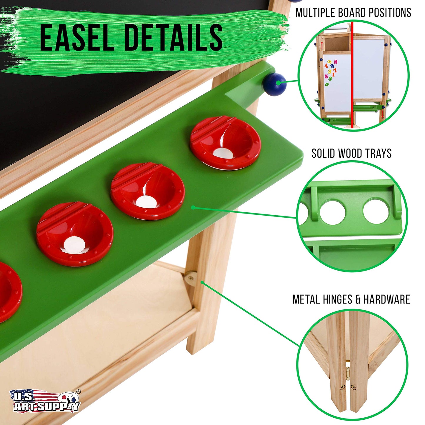 U.S. Art Supply Three Sided Art Station, Wooden Activity Easel with Paper Roll & Shelf - Easel for Drawing, Magnetic Whiteboard, Chalkboard Artist Station & Plastic Paint Cups