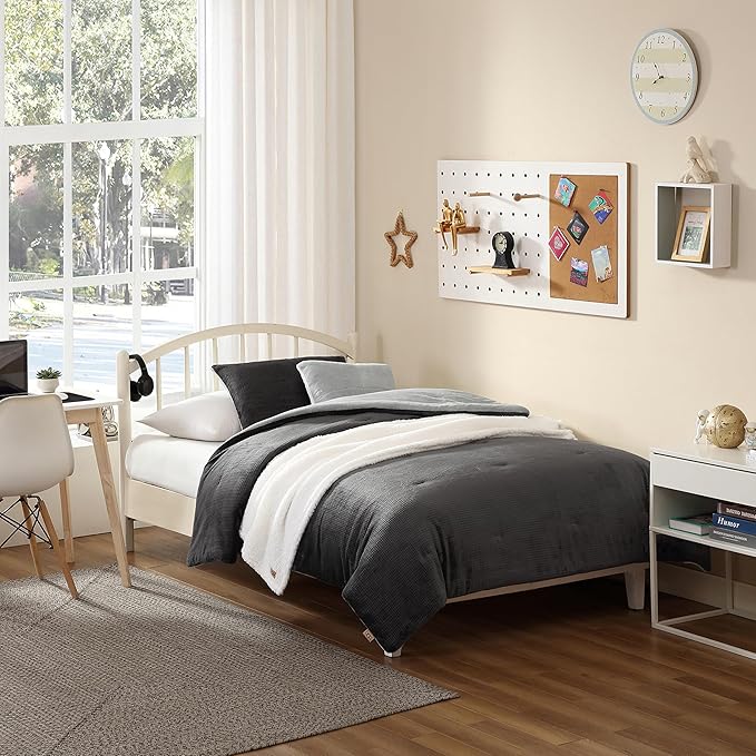 UGG Remina Twin Comforter Set 4 Piece Bed in a Bag with Throw Blanket, Decorative Pillow, Sham, and Reversible Comforter Hypoallergenic Washable College Dorm Bedding, Twin XL, Charcoal Grey