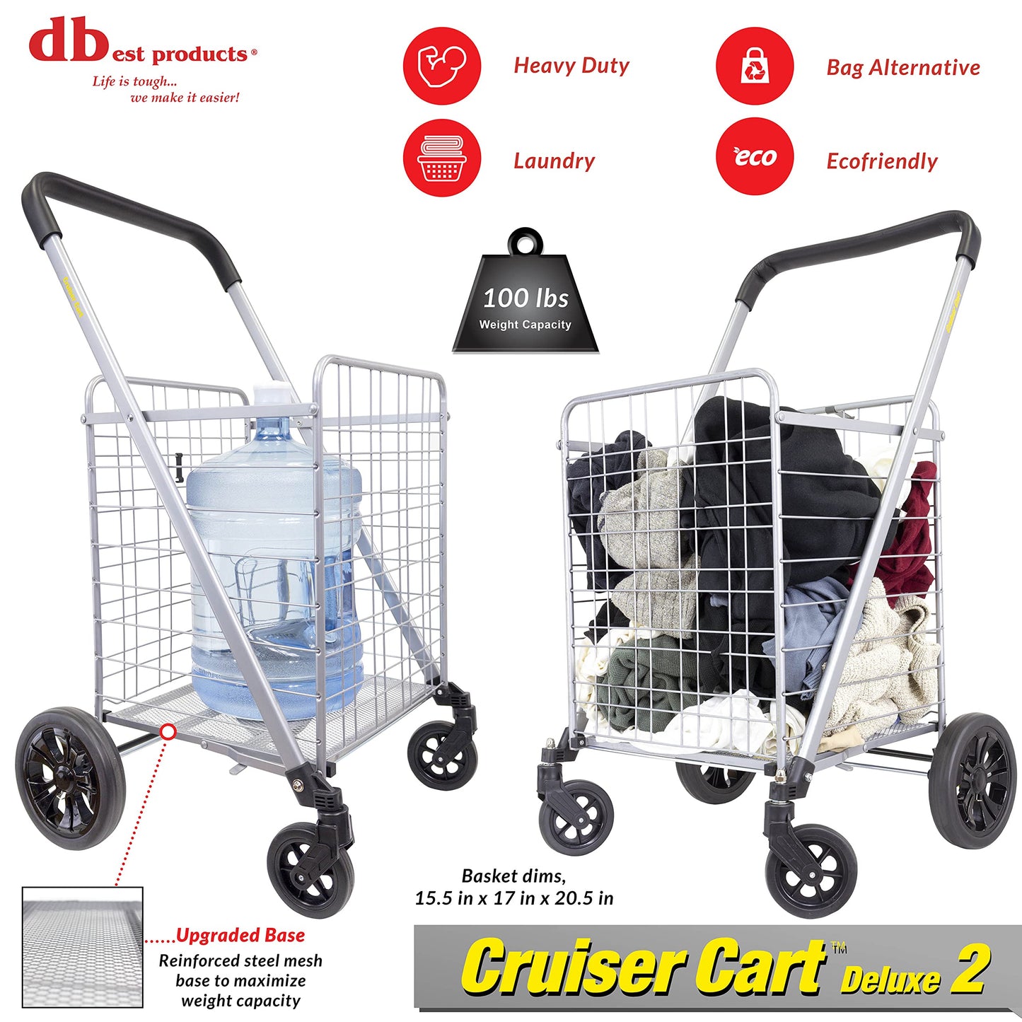 dbest Products Cruiser Cart Deluxe 2 Germ Guard Bundle Shopping Handle Grocery Rolling Folding Laundry Basket on Wheels Foldable Utility Trolley Compact Lightweight Collapsible