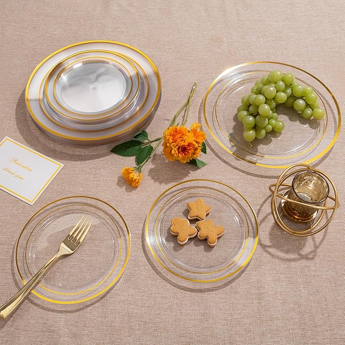 100PCS Clear Plastic Plates, 10 Inch Thanksgiving Plates Disposable Dinner Plate Party with Gold Rim, Heavy Duty Disposable Plastic Plate for Party, Wedding and Birthday