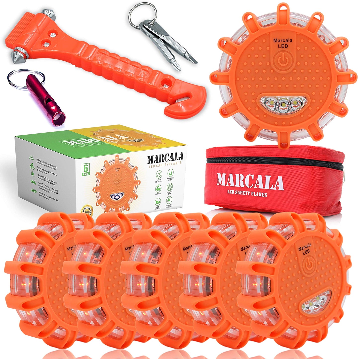 Marcala 6‑Pack LED Road Flares | DOT Compliant Emergency Lights for Vehicles with Batteries, Whistle & Case | Flares Emergency Road | Emergency Flares | Perfect For Gifting or Everyday Roadside Safety