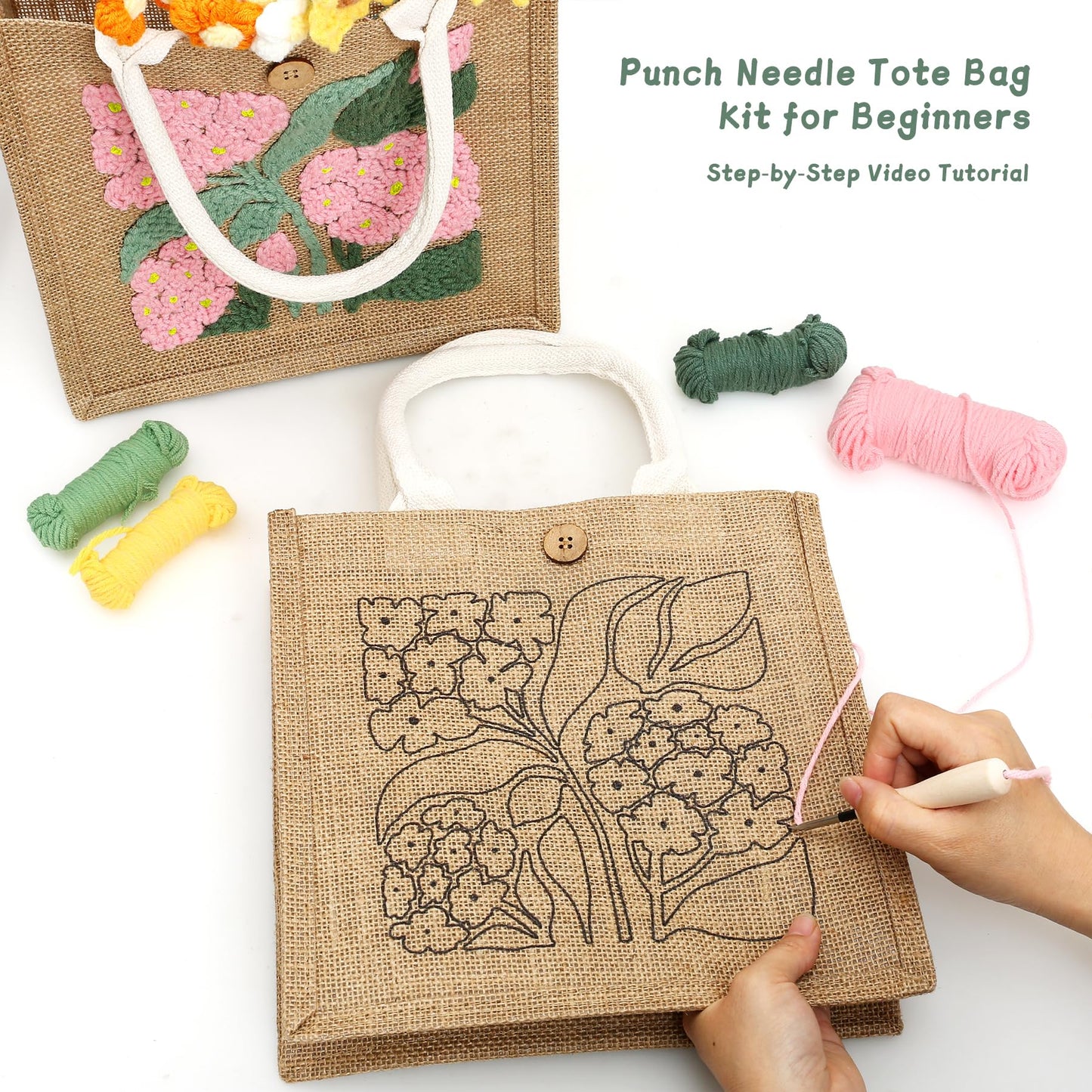 ERNTRNL Punch Needle Tote Bag Kit for Adults Beginner - DIY Punch Needle Embroidery Tote Bag Set, Punch Stitching Bags Kit with Instructions & Video Tutorial,Unique Pattern,Tools (Pink-Green)