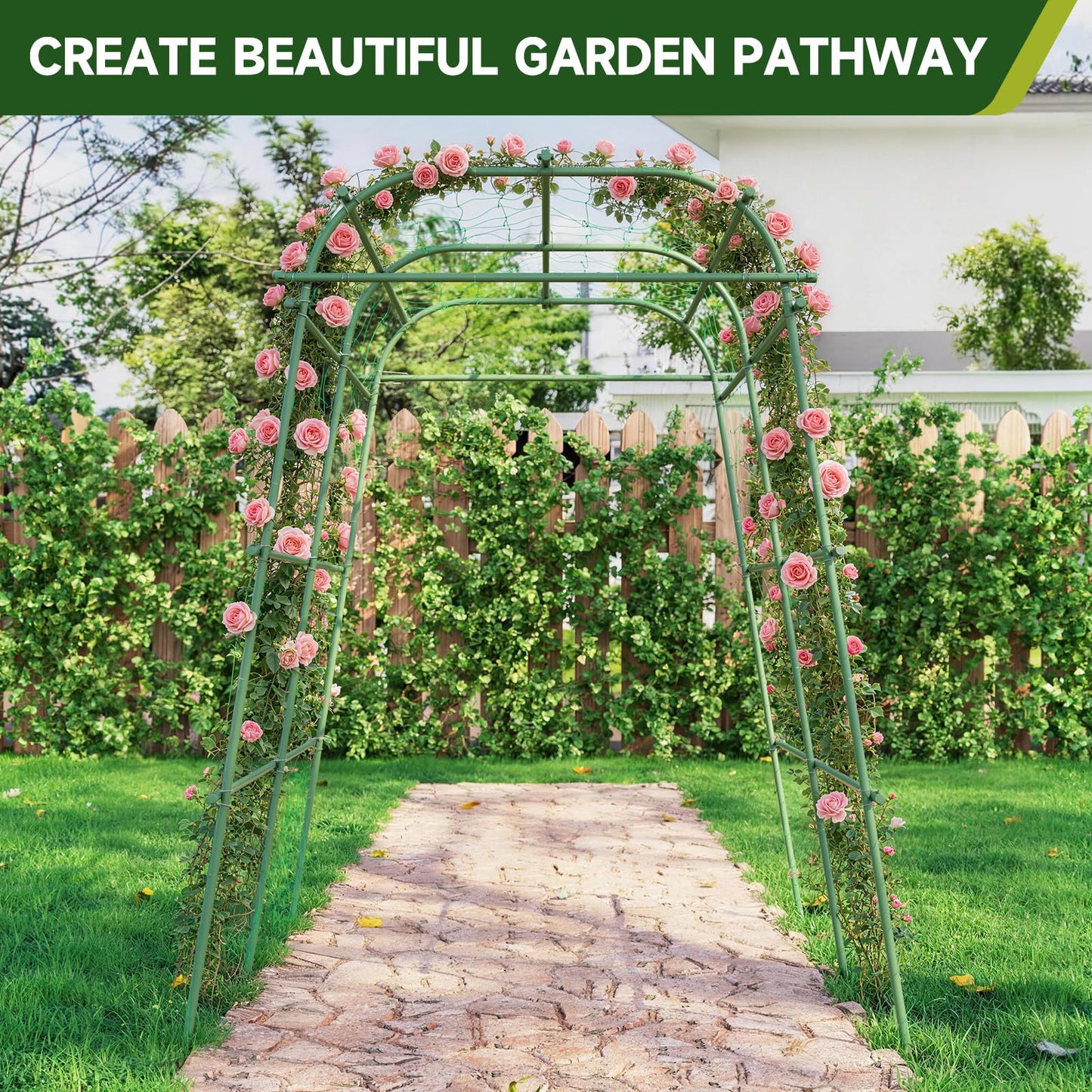 HIRALIY Garden Arch Trellis for Climbing Plants, 6.3ft Tall Heavy Duty Metal Cucumber Trellis, Rustproof Plant Support Tunnel for Tomato, Grape, Bean, Raised Bed and Vegetable Gardens, Green