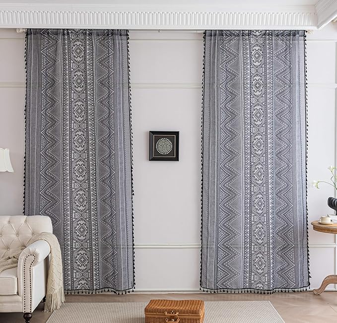 Black Geometric Sheer Curtains 72 inch Long, Fringed Edges and Textured Semi Sheer Curtains Large Window Treatments for Living Room/Bedroom, 2 Panels