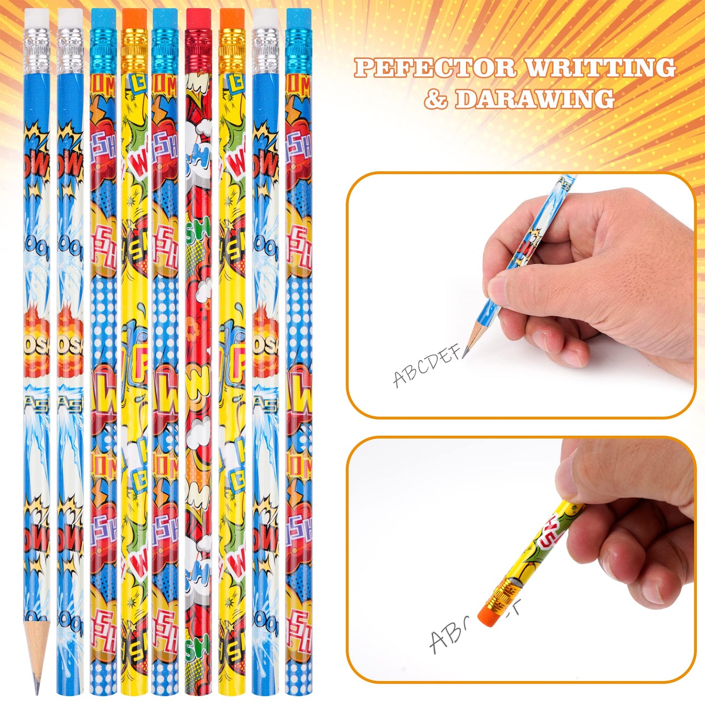 Kolewo4ever 200 Pieces Hero Text Pencils Cylinder Wood Pencils Pow Snap Wham Bang Elements Pencil 4 Style Assorted Students Pencil for Classroom Rewards Carnival Prizes