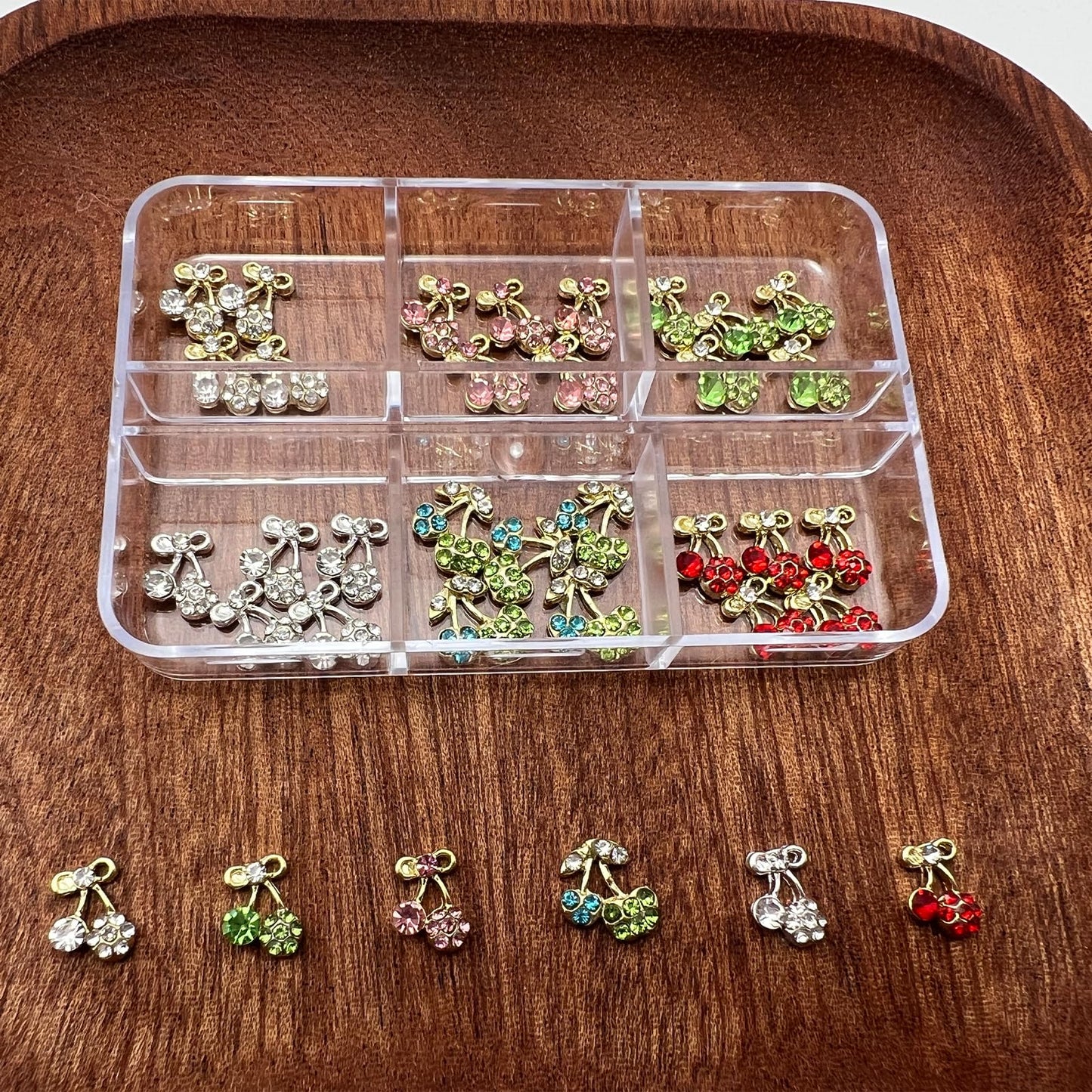 Pizadix 30PCS Cherry Nail Charms Set, 6 Styles (5 Each), Gold/Silver Alloy Rhinestone Fruit Designs, 6-Grid Organizer Box, for Gel, Acrylic & Press-On Nails