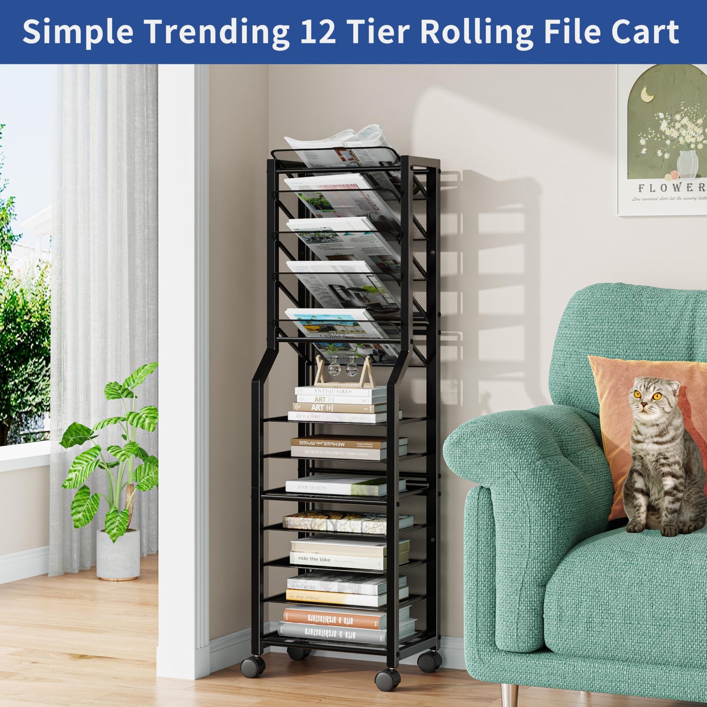 Simple Trending 12 Tier Rolling File Cart, Desk File Organizer with Sliding Trays and Metal Mesh Paper Letter Storage Multi Functional Rolling Clutter Cart for Office, Home, School, Black
