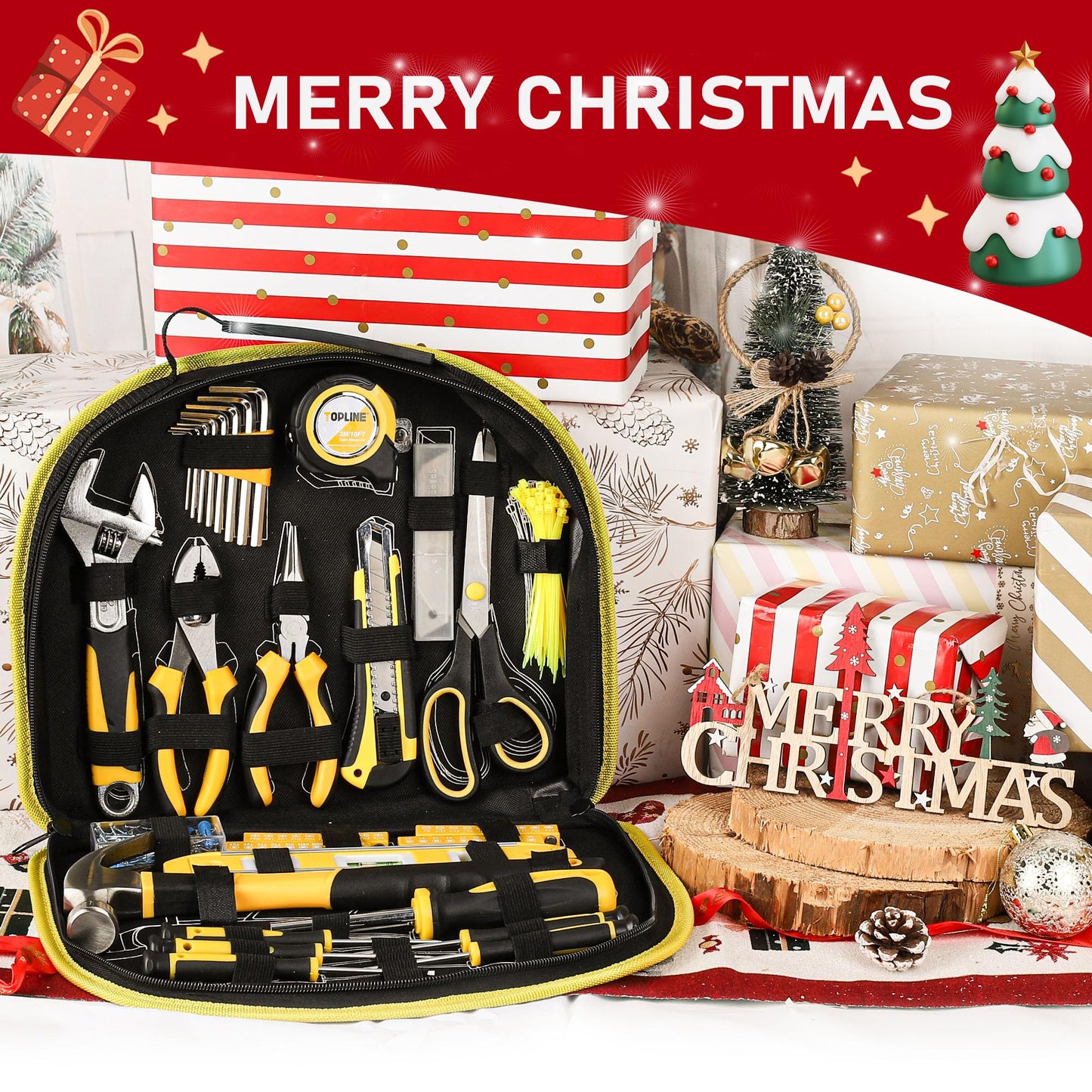 TOPLINE 208-Piece Basic Home Tool Kit with Easy Carrying Round Pouch, Household Hand Tools for Apartment, Home, Basic Tool Set, Perfect for DIY Projects, Home Maintenance