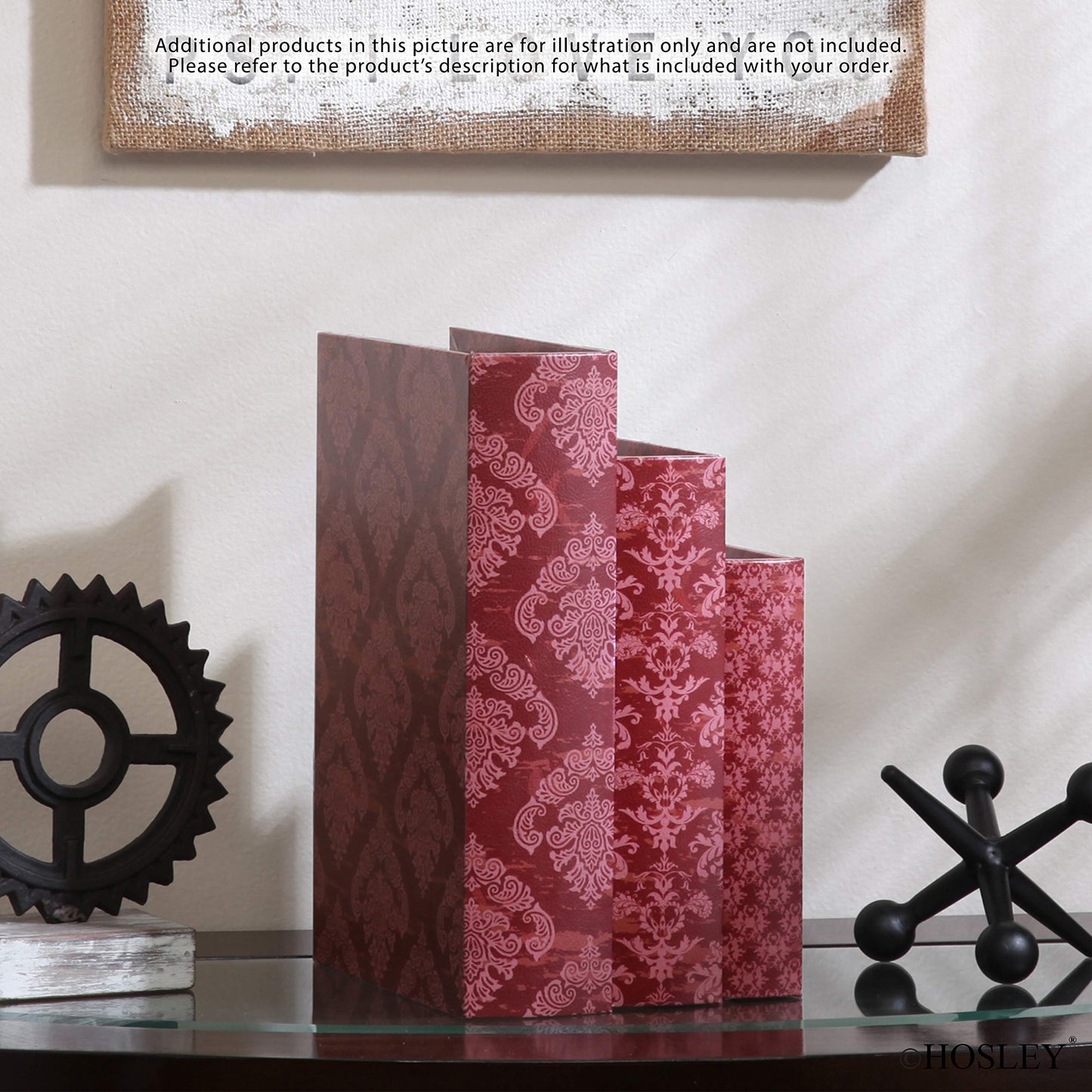 Hosley Farmhouse Memory Book Boxes Set of 3, Red Brown & Gold, Decorative Nesting Storage Boxes 12 10 8 Inch, Faux Leather Keepsake Photo Jewelry Box for Wedding Gift