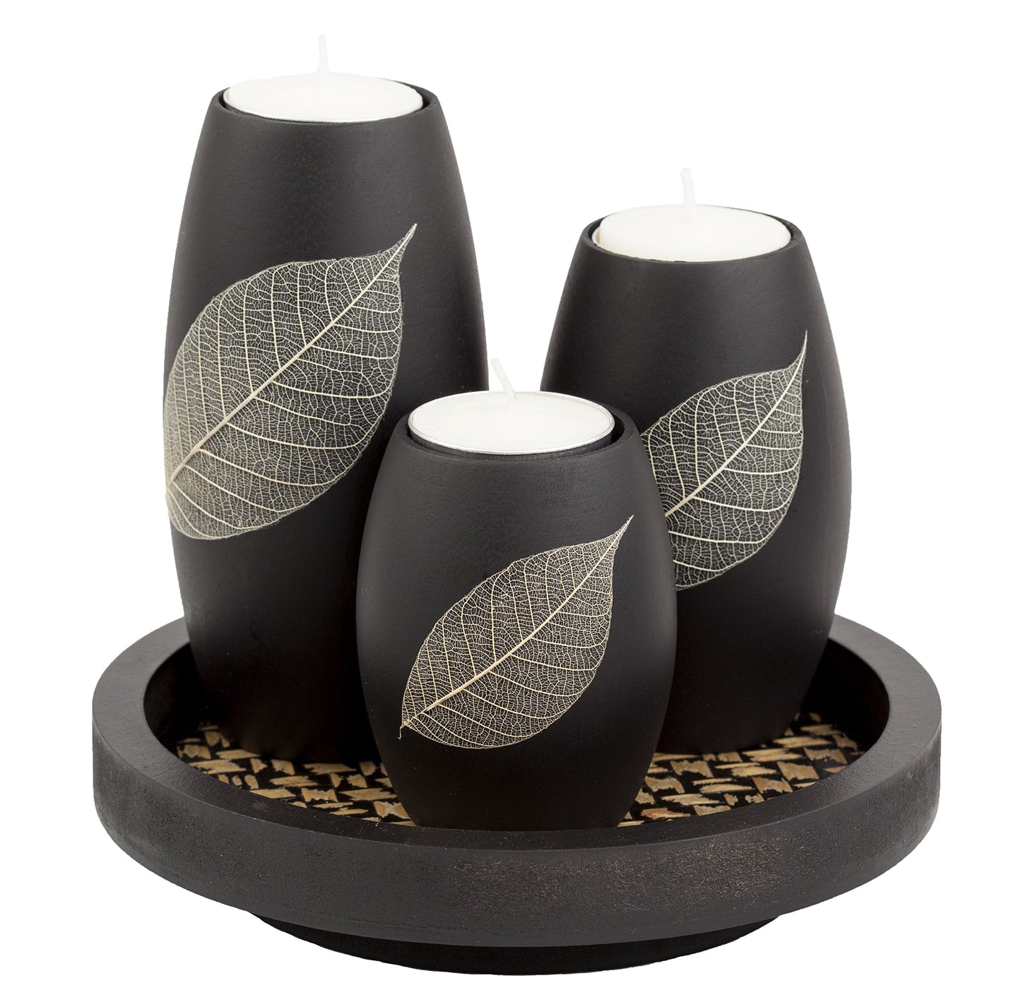 IYARA CRAFT Candle Holder Set with Tray – 3 Handmade Wood Tealight Holders, Black Leaf Design, Winter Home Décor, Spa-Inspired Holiday Centerpiece & Elegant for Women, Mom, Housewarming