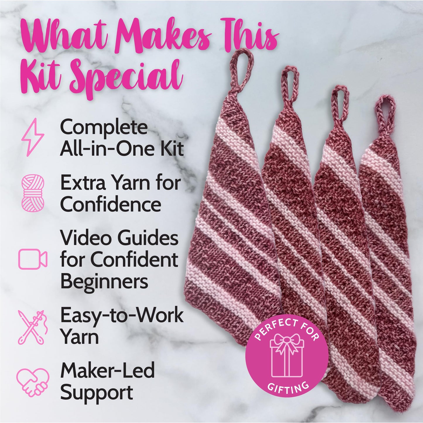 KnitPal Everyday Joy Knitting Kit – Make 4 Reusable Dishcloths for Confident Beginners – Cotton to The Core Yarn (#3 DK), Needles, Patterns & Video Tutorials (Cherry Red + Blush Pink)