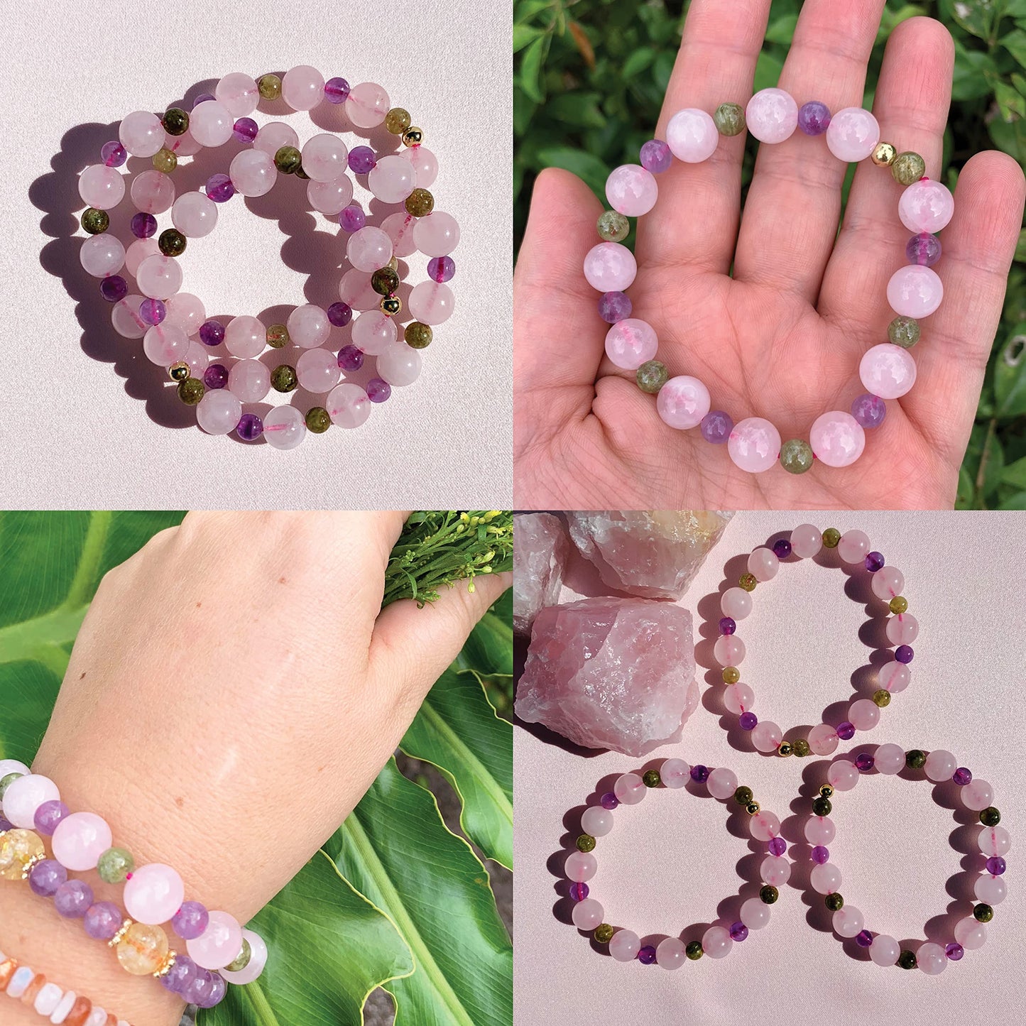 Joyfulmuze Rose Quartz Amethyst Peridot Stretch Bracelet, Natural Energy Crystal Stone Beads, Handmade Gift for Women Men, (Amethyst-Rose Quartz-Peridot)