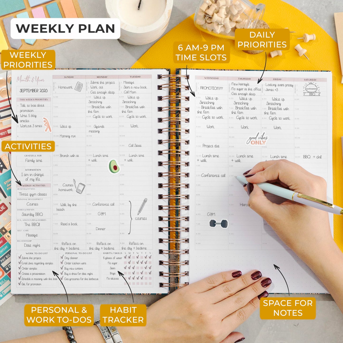 PLANBERRY Large Hourly Schedule Planner Premium – Undated Organizer for Productivity, Time Management & Budget, 8x10.4″ (Tropical Forest)