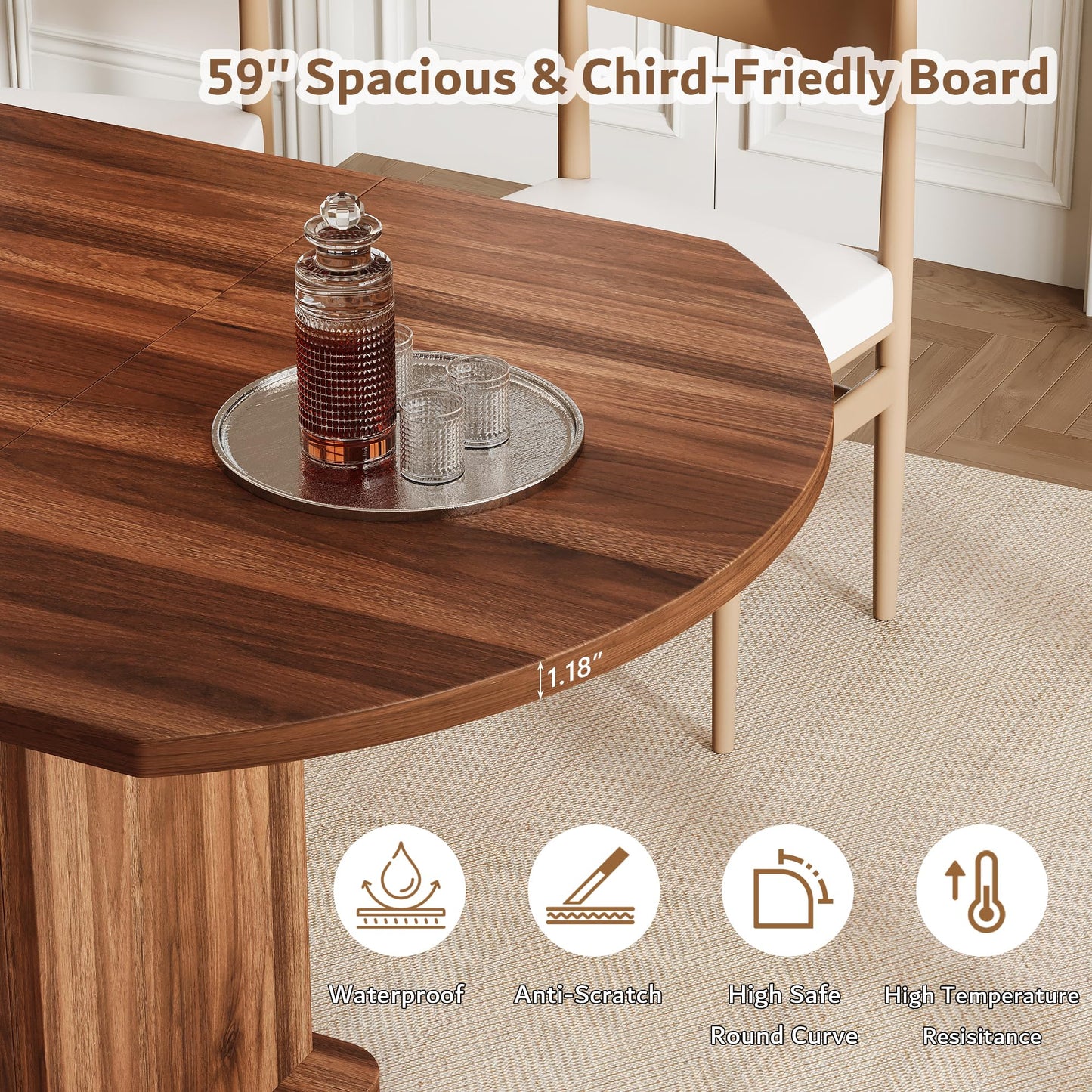 iPormis Round Dining Table for 4-6, 59'' Extendable Dining Room Kitchen Table with 2-Tier Storage Shelf, Wood Dinner Table with Door, Sturdy Pedestal Base, Space Saving, Kitchen, Dining, Walnut