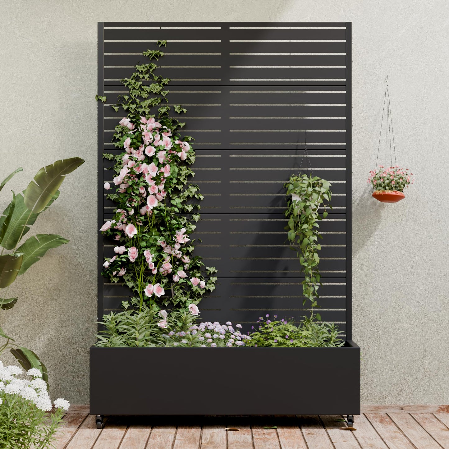 Casaphoria Metal Raised Garden Bed with Trellis and Wheels, 72"x47"x16" Planter Box for Climbing Plants, Vegetables & Vines, Features Drainage Holes and Privacy Screen (Black-Louver)