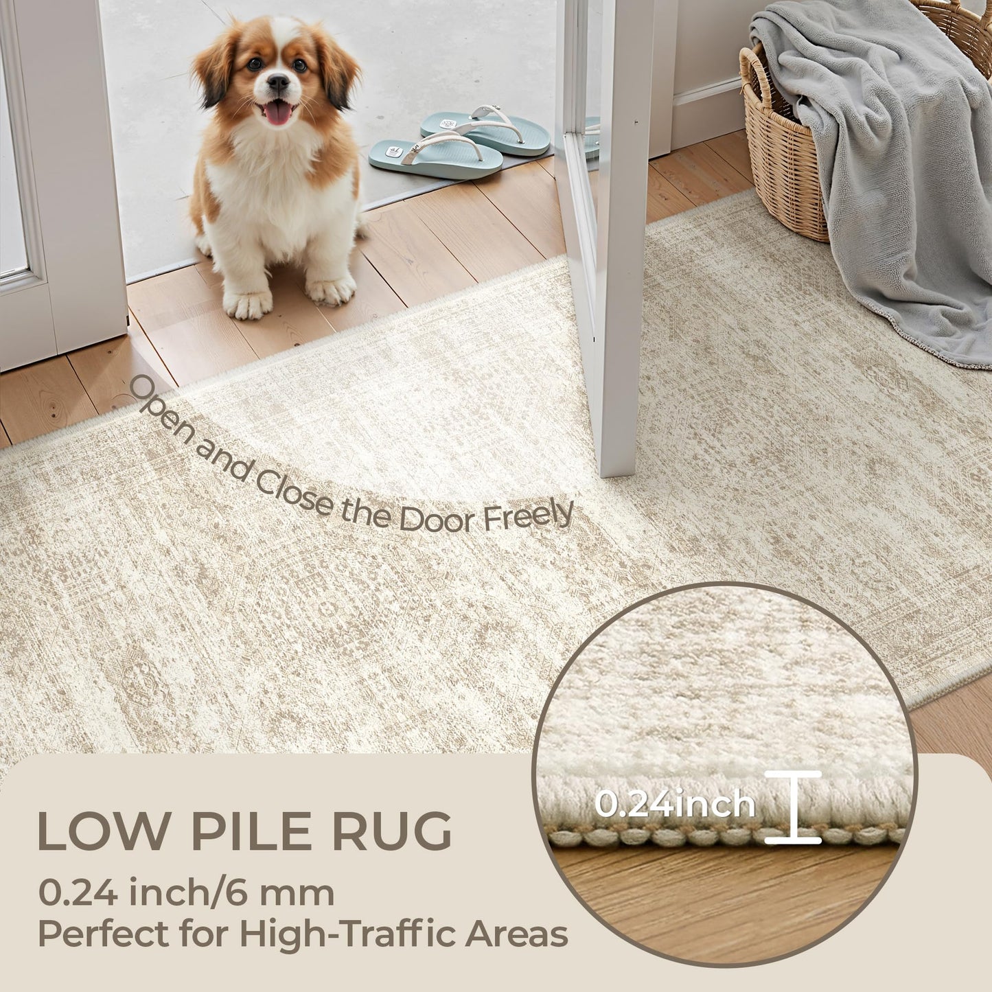 Restydon Rug Runners for Hallways Non Slip - 2x8 Runner Rug for Bedroom, Washable Runner with Rubber Backing, Soft Low-Pile Carpet for Kitchen, Laundry, Bathroom (2'x8', Beige/Ivory)