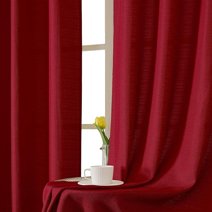 Chyhomenyc Red Curtains 78 Inch Length 2 Panels Set, Faux Linen Textured Light Filtering Soft Airy Farmhouse Curtain Drapes for Living Room Bedroom, 40Wx78L