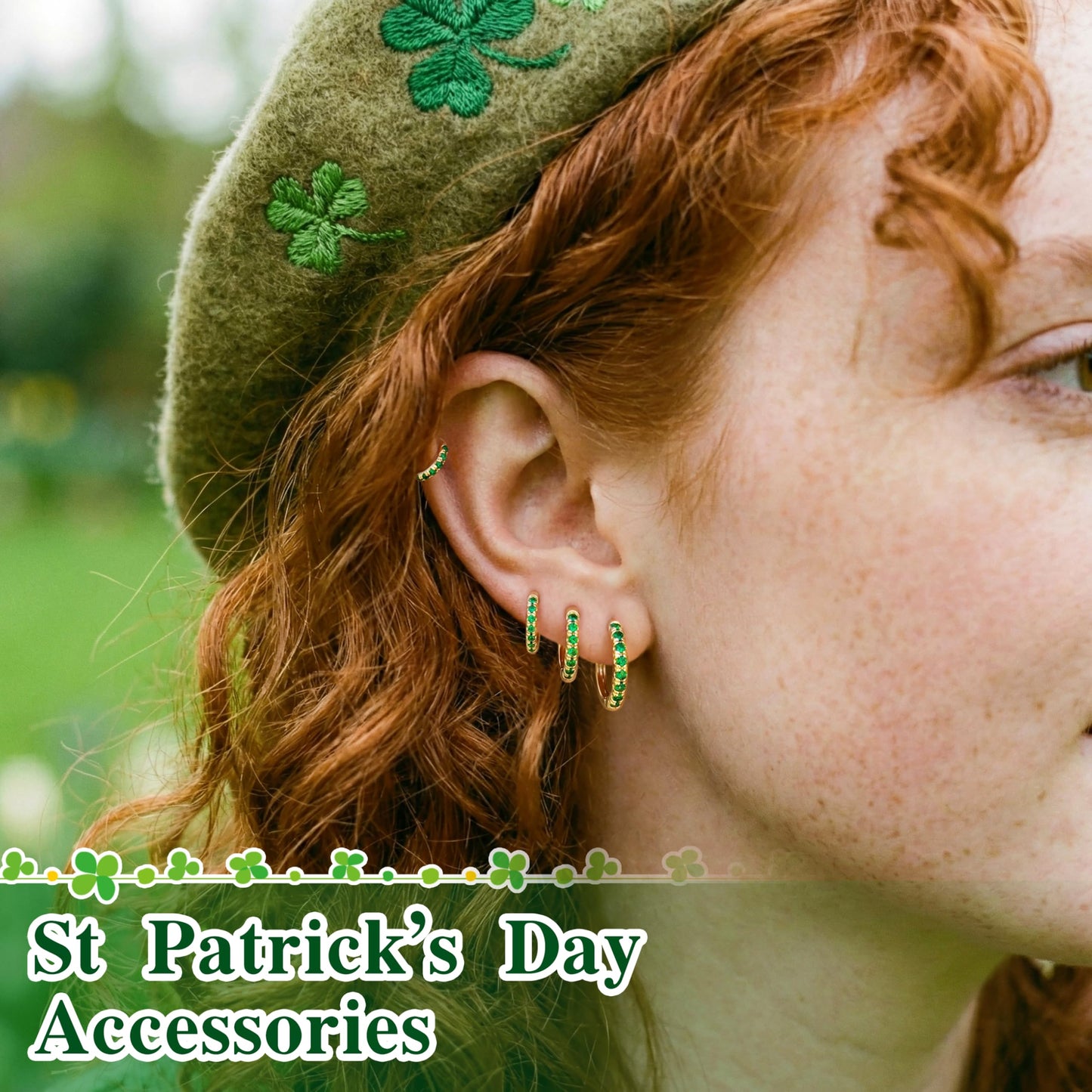 St Patrick's Day Earrings Gold Green Earrings Set for Women, Small Huggie Hoop Stack Cartilage Earring for Multiple Piercing,Green Clip On Jewelry for Women