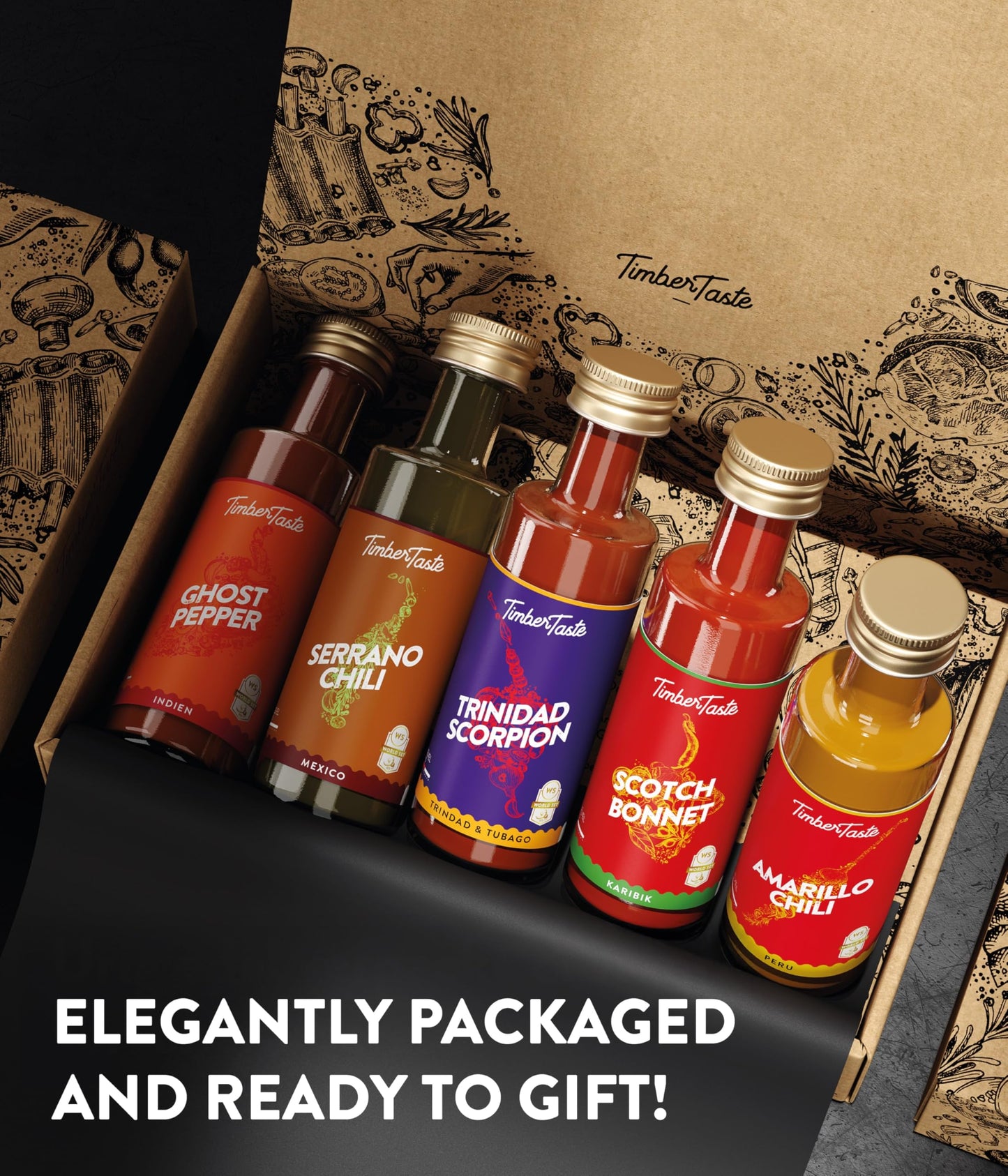 TIMBER TASTE® Exotic BBQ Sauce Gift Set for Men [5x40 ml] - BBQ Sauce Variety Pack with Barbeque Sauce Sampler Blends | Food Gift Sets | Hot Sauce Gift Sets Style Grill Picks for Dad Birthday