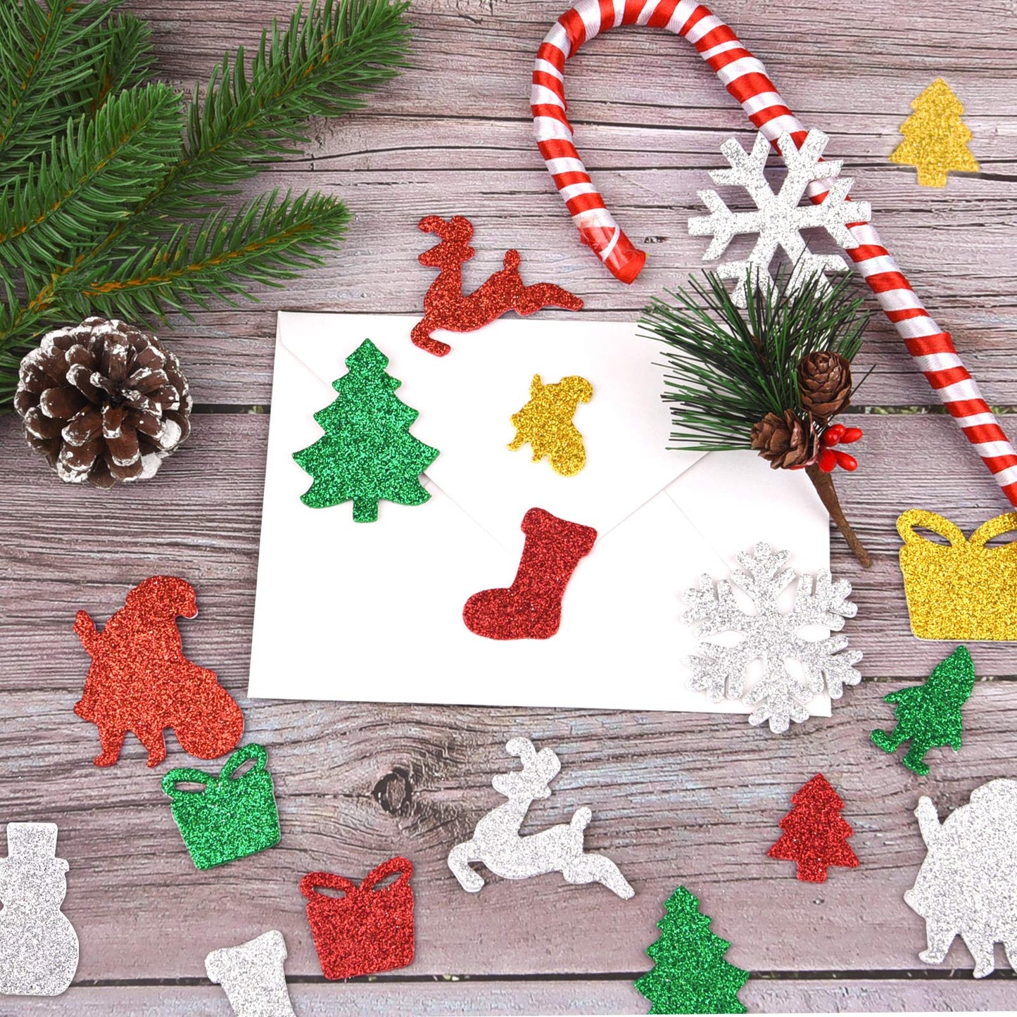 Livder 300 Pieces Christmas Glitter Foam Stickers Self Adhesive Snowflake Santa Bell Sticker for Xmas Gift Box Bag, Tree, Greeting Cards DIY Decoration (Pack of 2)