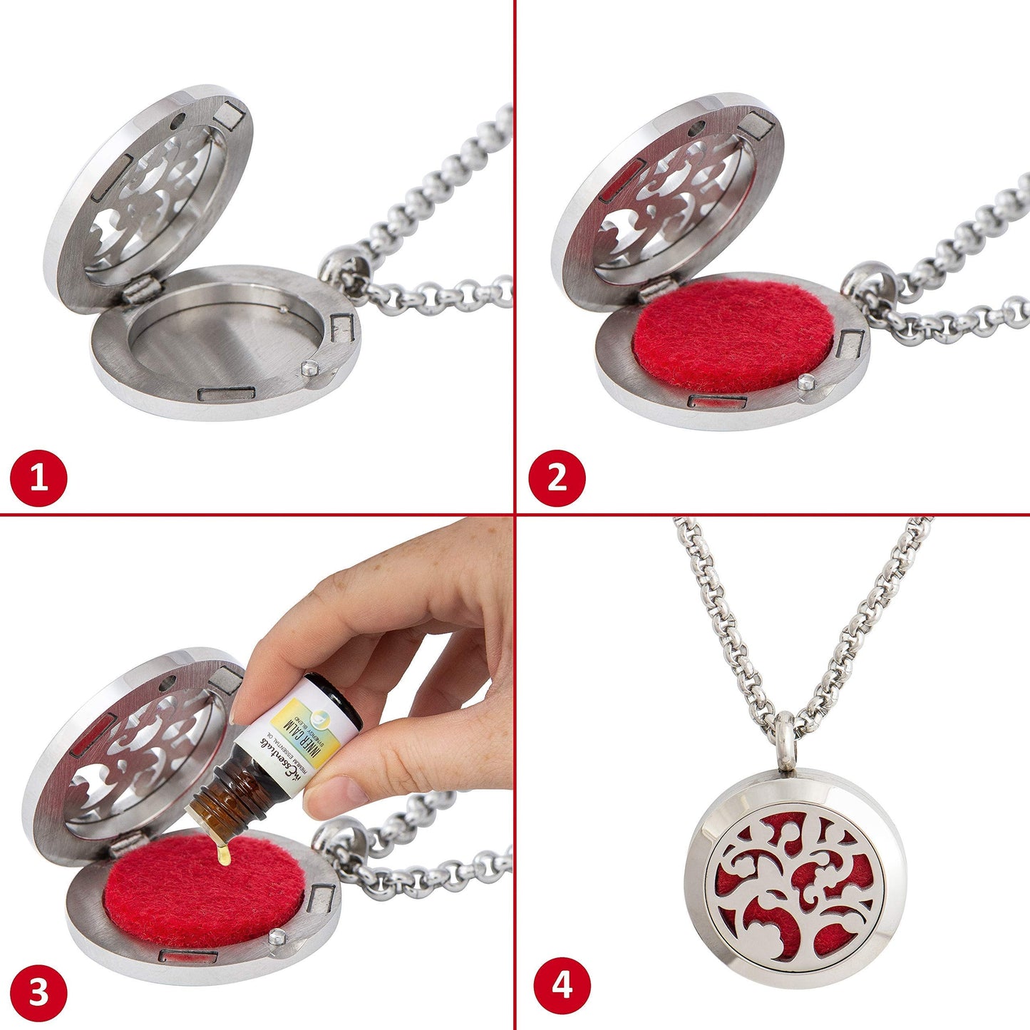 Wild Essentials Arbol Tree of Life Essential Oil Diffuser Necklace, Stainless Steel Locket Pendant with 24 inch Chain, 12 Color Refill Pads, Customizable Color Changing Perfume Jewelry, Aromatherapy