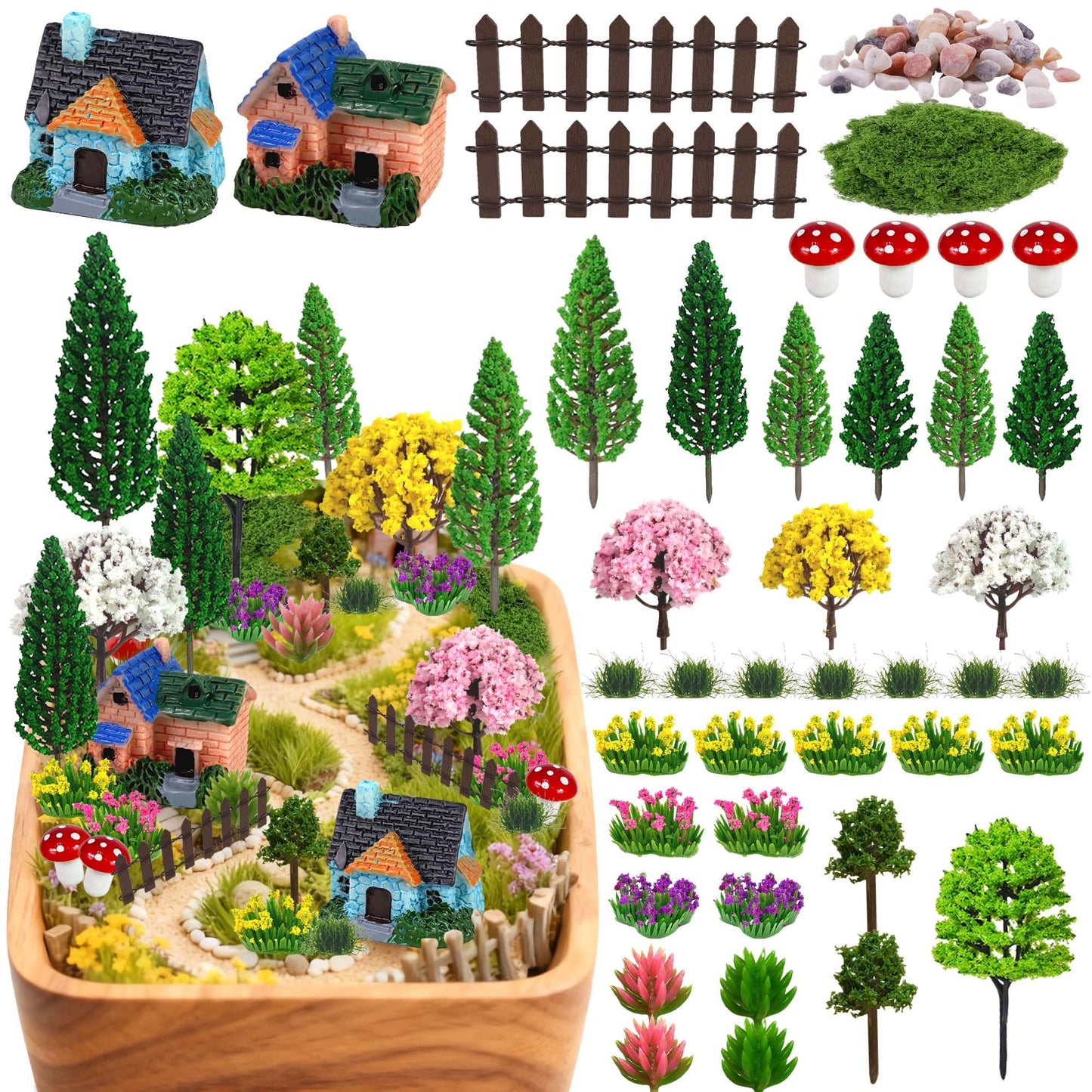 MOMOONNON 36pcs Garden Diorama Mini Garden Accessories Set Mixed Model Trees Flowers for Crafts Building Model Railway Fairy Scenery Landscape Supplies