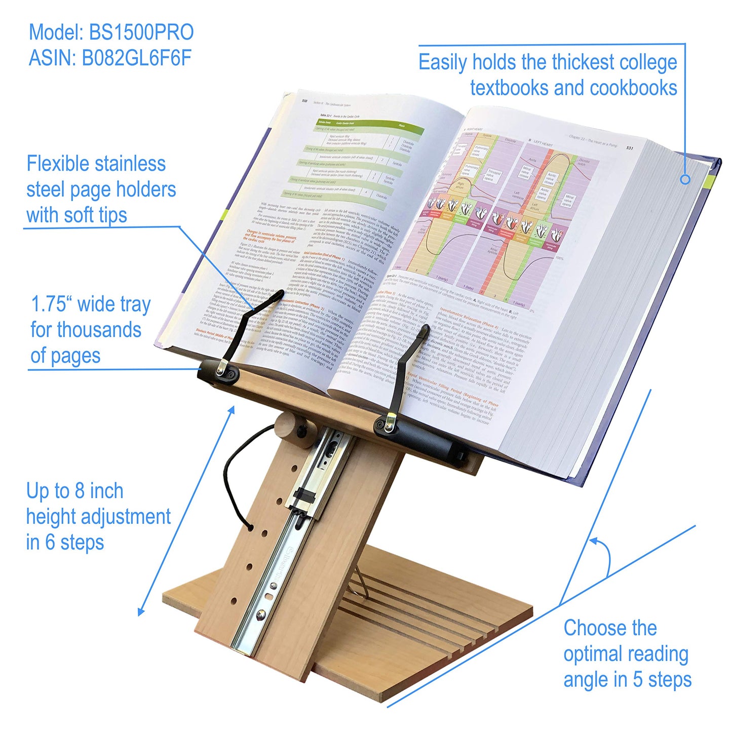 A+ Book Stand BS1500PRO Large Portable Height Adjustable Foldable Eye-Level Ergonomic Bookstand Holder for Reading Hands Free Large Thick Heavy College Textbooks Tablets Neck Pain Free