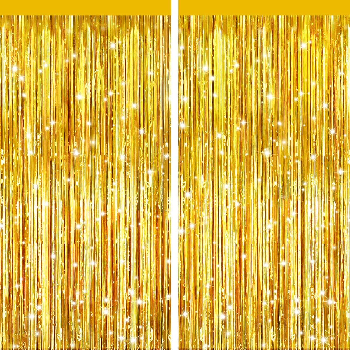 2 Pack Gold Metallic Tinsel Foil Fringe Curtains, Door Streamers Photo Booth Backdrop for Birthday Party, Tinsel Curtain Backdrop for Baby Shower Bachelorette Christmas Party Decorations