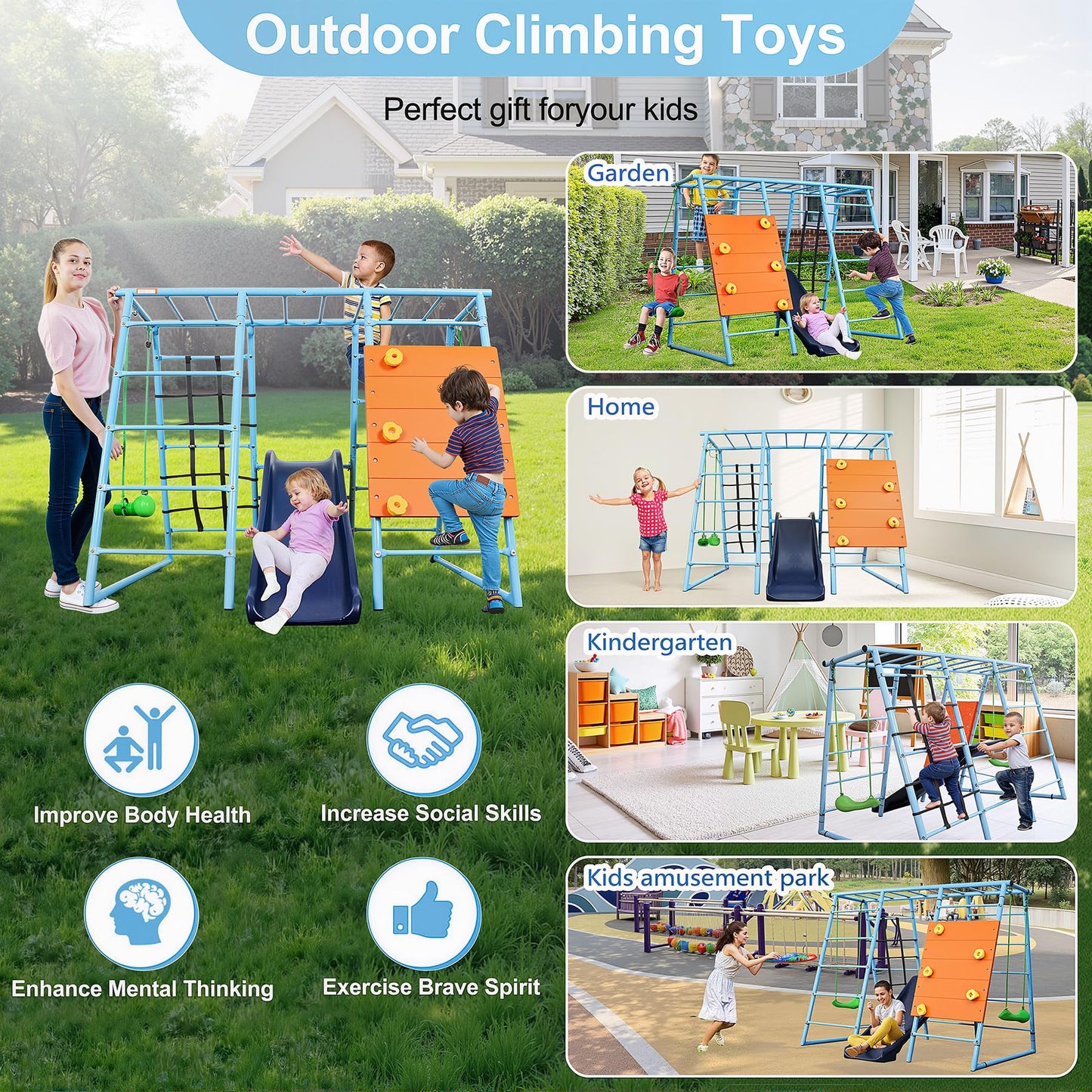 YuAnWe 6 in 1 Indoor Playground, Metal Jungle Gym with Climbing Wall, Slide, Monkey Bars, Rope Ladders and Two Swings, Playset for Kids Ages 3-12