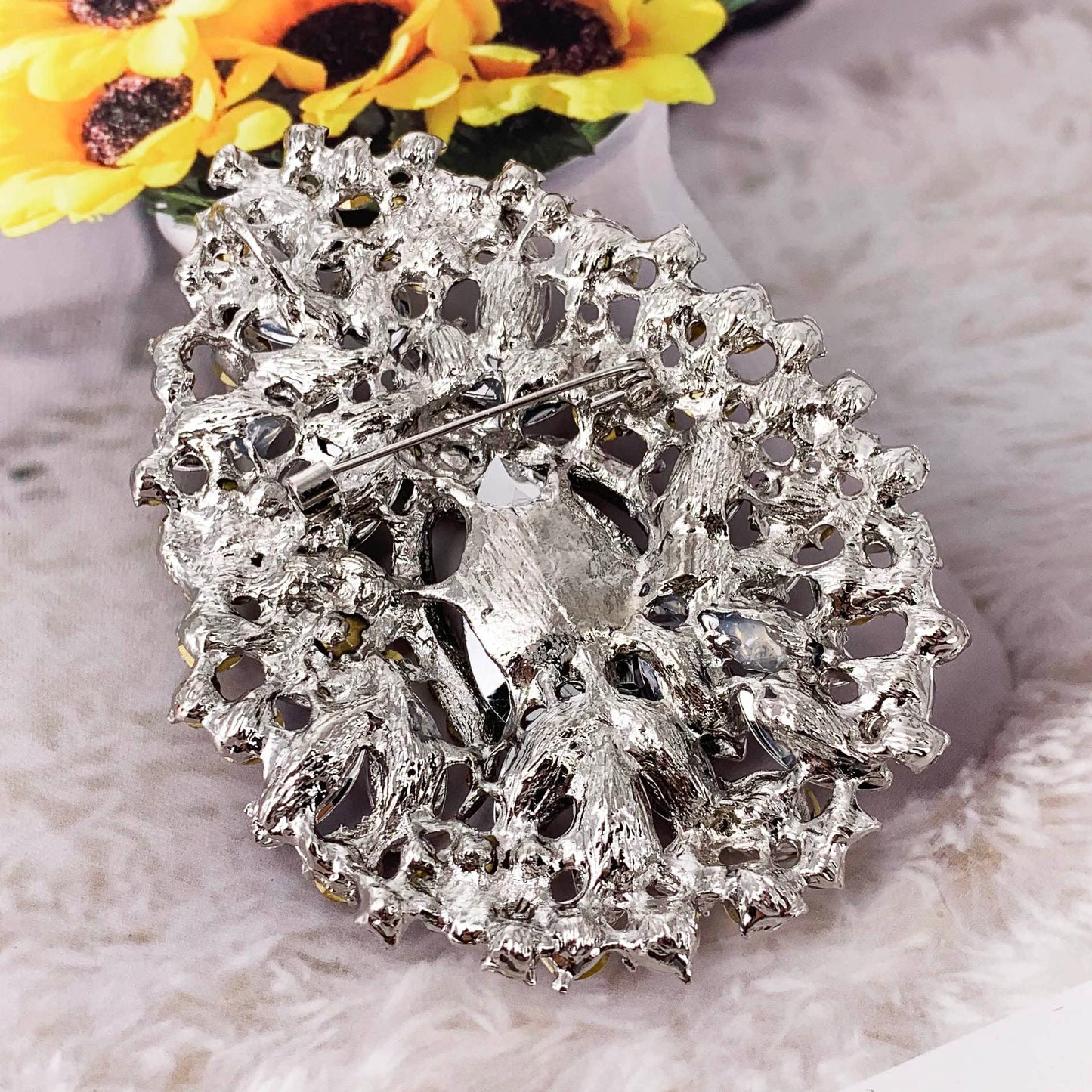 SELOVO Huge Big Large Flower Statement Brooches and Pins Scarf Decoration Gold Tone (Silver)