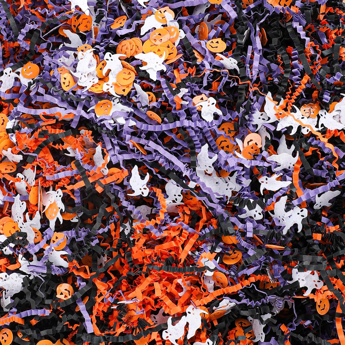 FOIMAS Halloween Crinkle Cut Paper,9.87oz Black Orange Purple Shred Raffia Paper with Pumpkin Ghost Confetti for Trick or Treat Halloween Bakset Gift Packaging Supply
