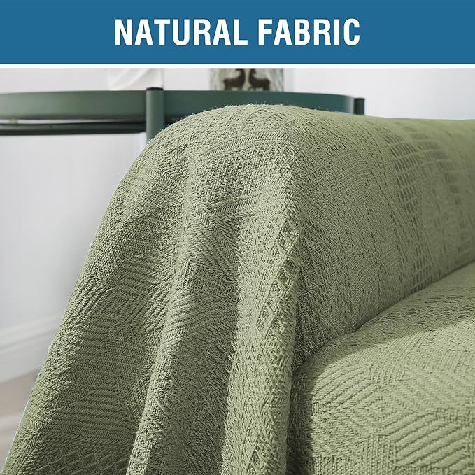 H.VERSAILTEX Cotton Sofa Covers Couch Cover Sofa Slipcover for Most Shape Sofas, Feature Thick Woven Jacquard Seamless with Tassels, Multi-Use Decorative for Couch (XX-Large: 91" x 134", Sage)
