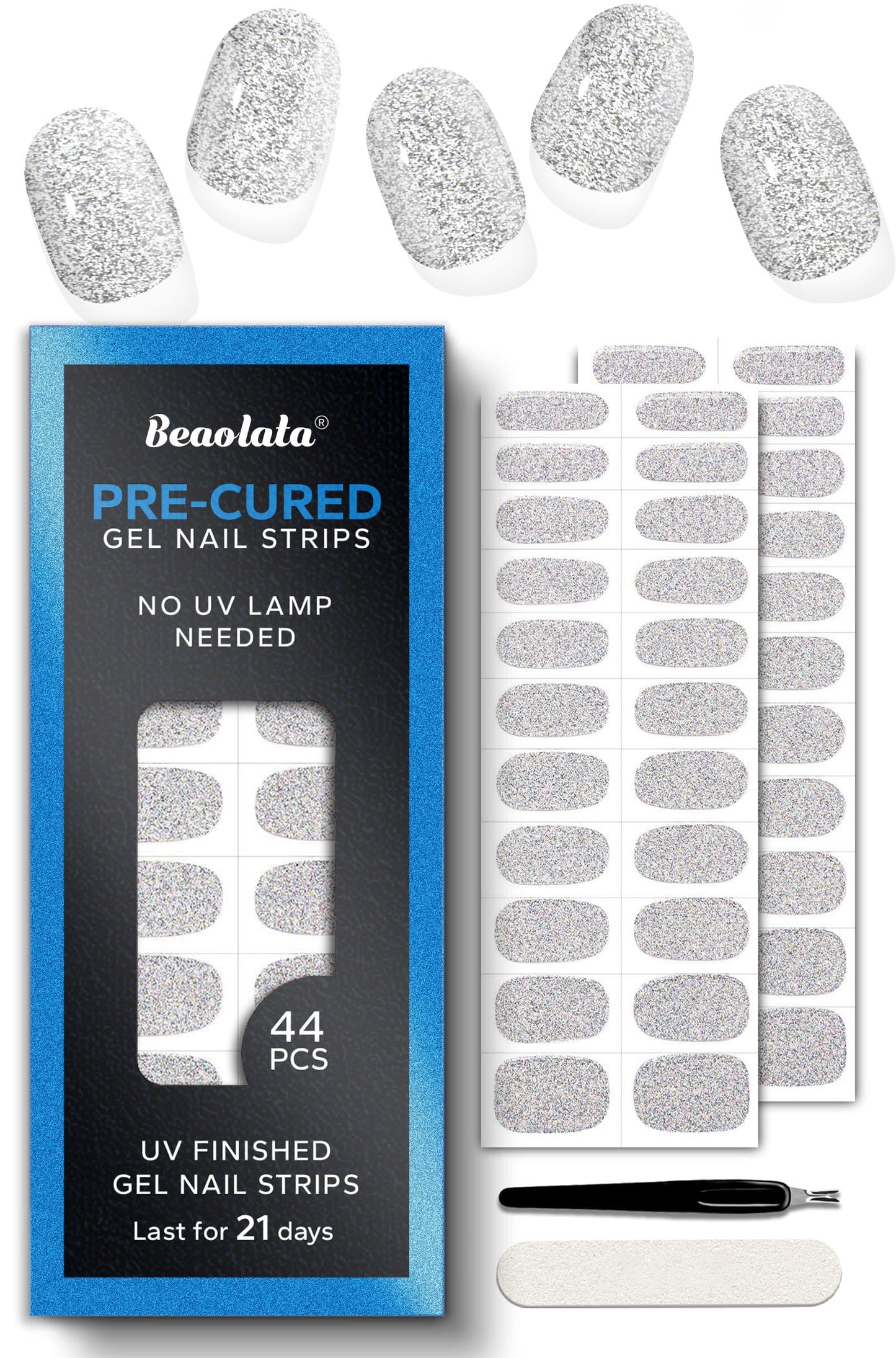 Beaolata Real Gel Nail Strips (No UV Light Needed) - 44Pcs Salon Quality Nail Stickers - Long Lasting Polish Wraps for Women, Easy Apply & Remove (Ethereal Silver)